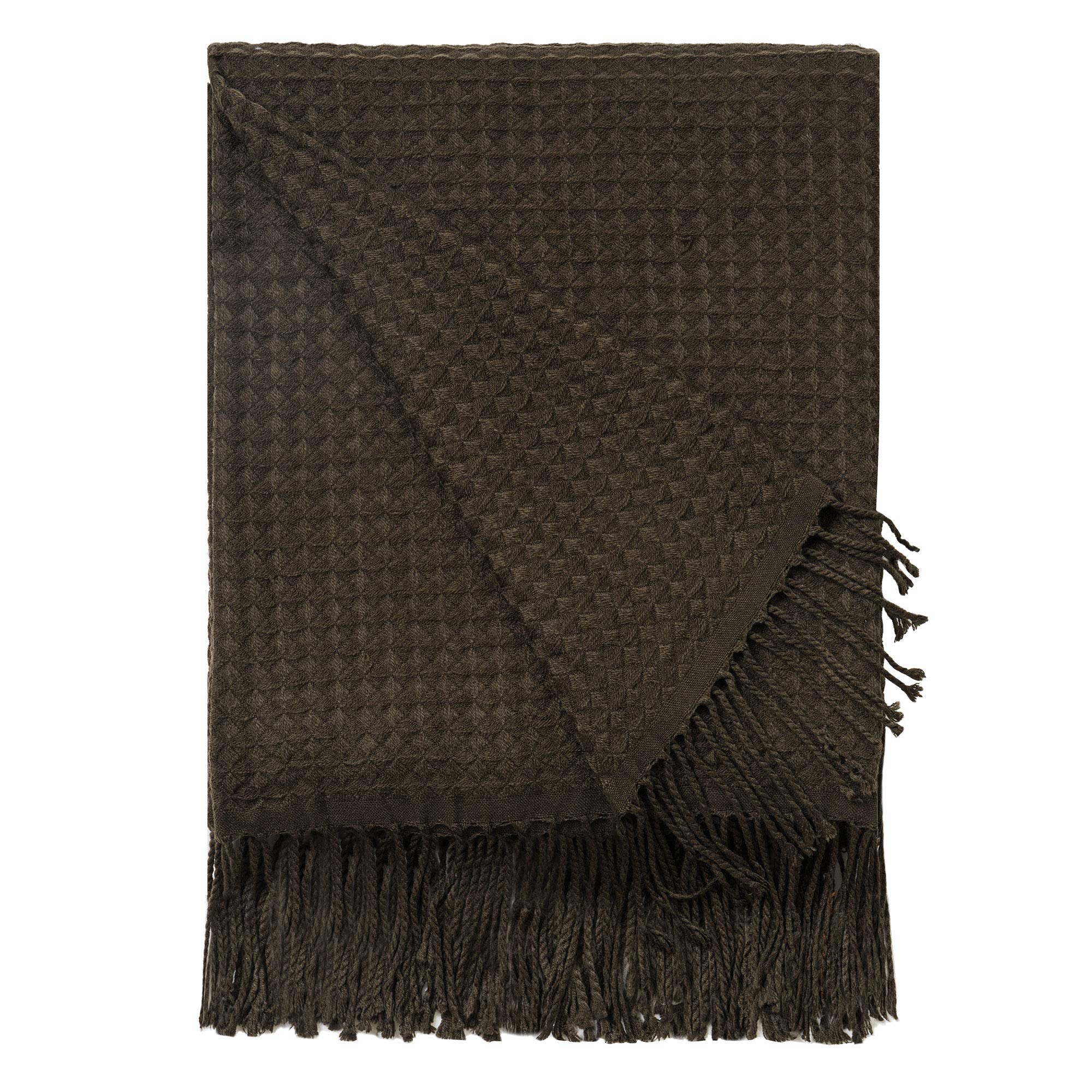 Soft Waffle Weave Throw Blanket - Lightweight Cozy Olive Green Blanket with Tassels (50x60 inches) for Couch, Bed, Sofa & Travel | Perfect for Living Room Decor, Nap Time & Cold Weather