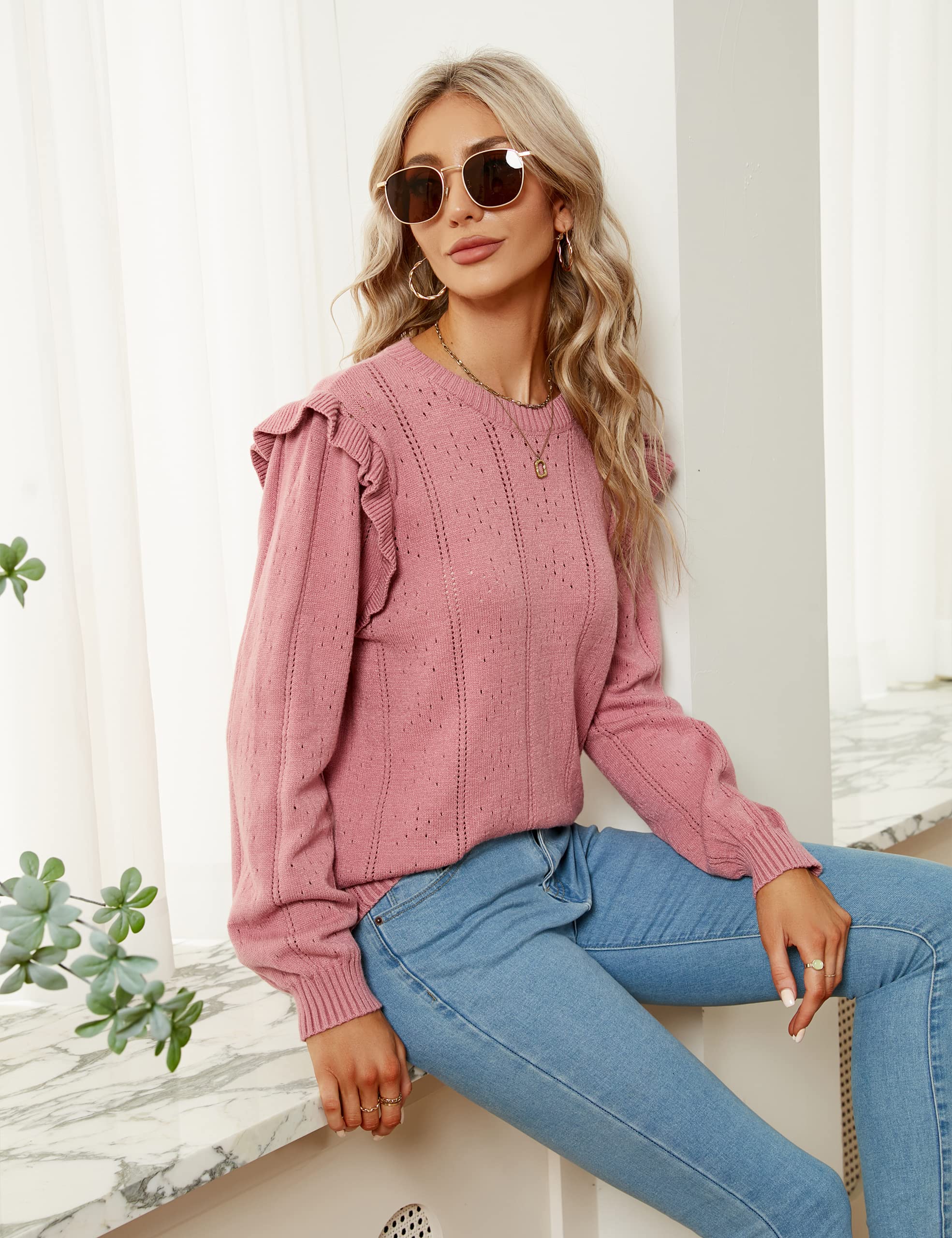 BMJL Women's Pullover Sweaters - Ruffle Shoulder Casual Knit Tops, Long Sleeve Hollow Out Sweater for Fall | Perfect for Office Wear, Date Nights & Autumn Layering