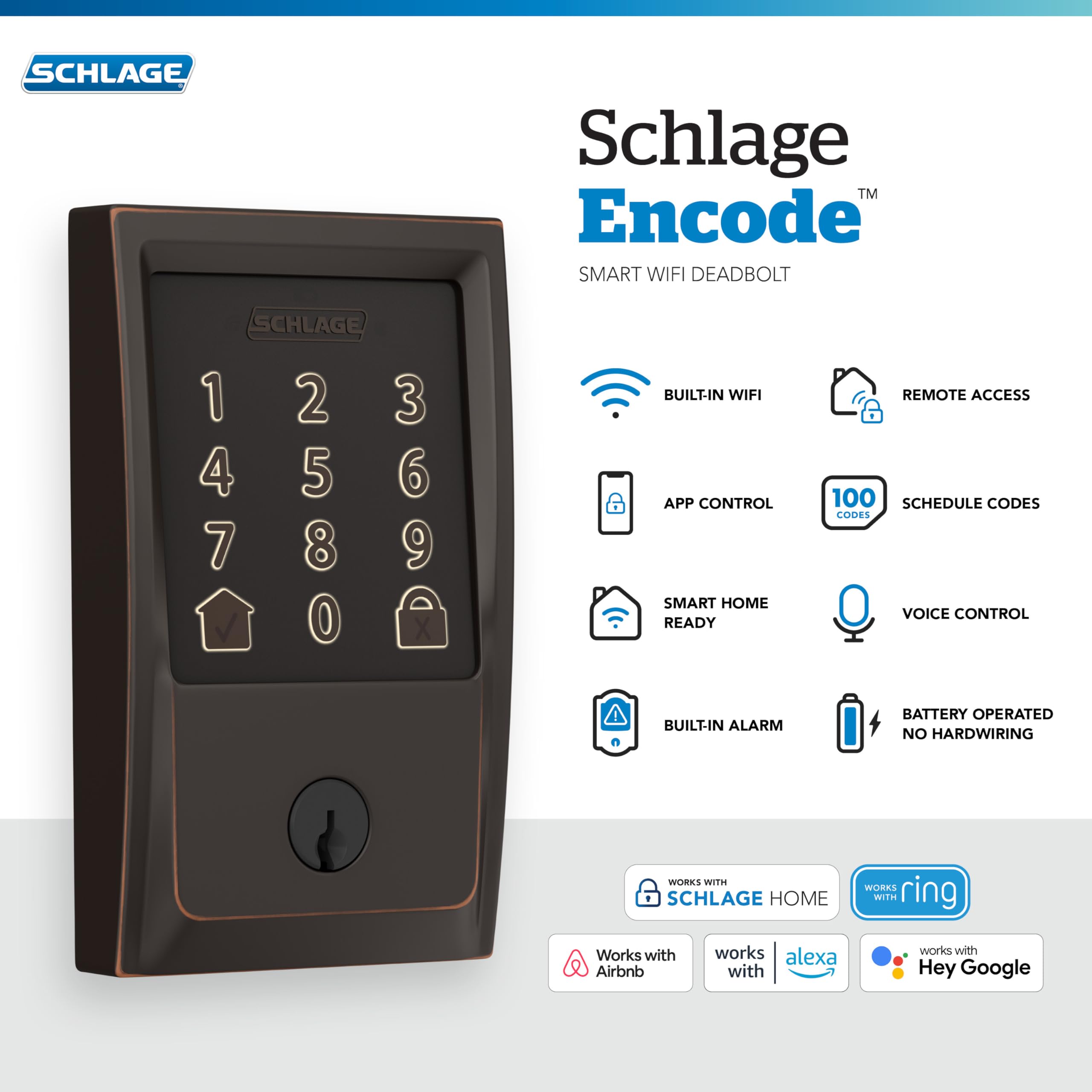 Schlage Encode Smart WiFi Deadbolt Lock - Keyless Entry with Century Trim in Aged Bronze - Secure Your Home with Smart Technology for Front Doors & Apartments