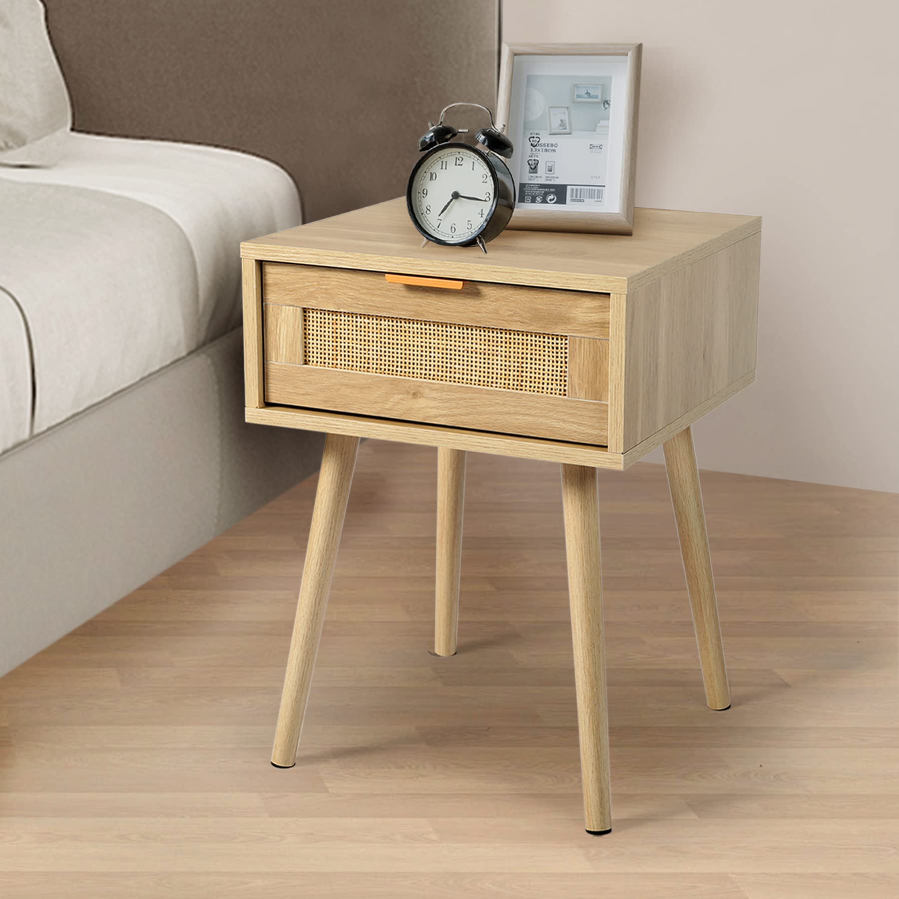 HOPUBUY 2-Pack Modern Nightstands with Rattan Drawer, Wooden Bedside Table for Small Spaces & Bedrooms - Brown (1 Drawer Each) - Perfect for Bedroom, Living Room & Dorm Organization