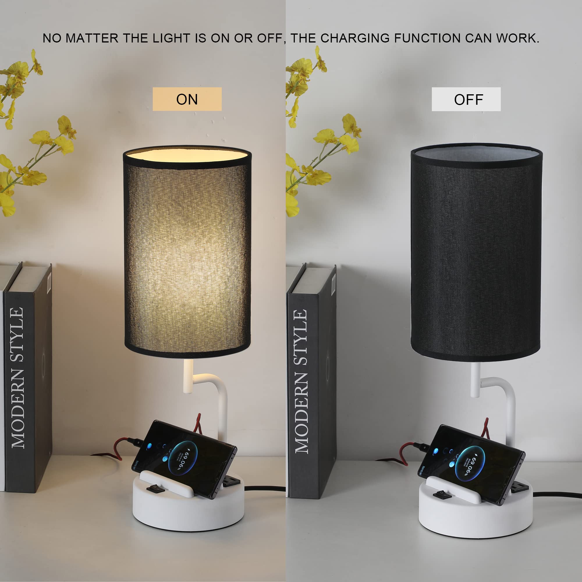 Dreamholder Modern Table Lamp with 3 USB Ports & AC Outlet - Dual Phone Stands, Adjustable Brightness Night Light for Bedroom, Living Room, Office - Set of 2 (White & Black) | Perfect for Charging Devices, Reading & Home Decor
