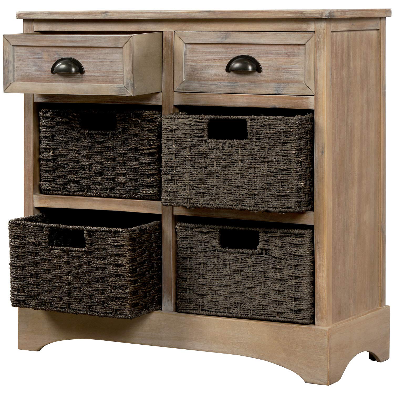 Rustic White Washed Storage Cabinet with 2 Wood Drawers & 4 Wicker Baskets - Organizer for Home, Kitchen, Entryway & Living Room | Perfect for Farmhouse Decor & Small Space Organization
