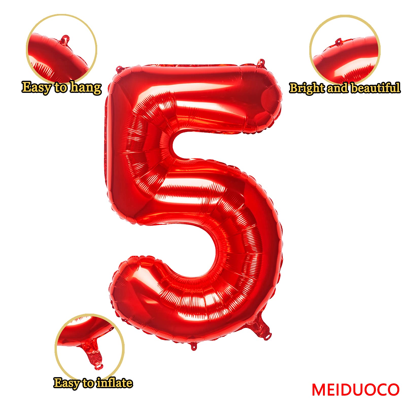 32 Inch Red Number 5 Foil Balloon - Birthday Party Decoration Supplies for Anniversary, Graduation, Baby Shower & Celebration Events - Helium Ready Large Metallic Balloon