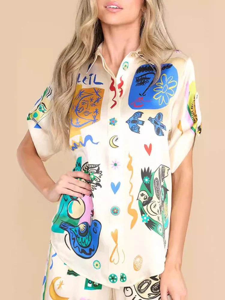 2 Piece Women's Outfit - Bohemian Print Half Sleeve Shirt & Wide Leg Pant Set | Summer Casual Loose Fit Matching Set for Beach, Vacation & Everyday Wear