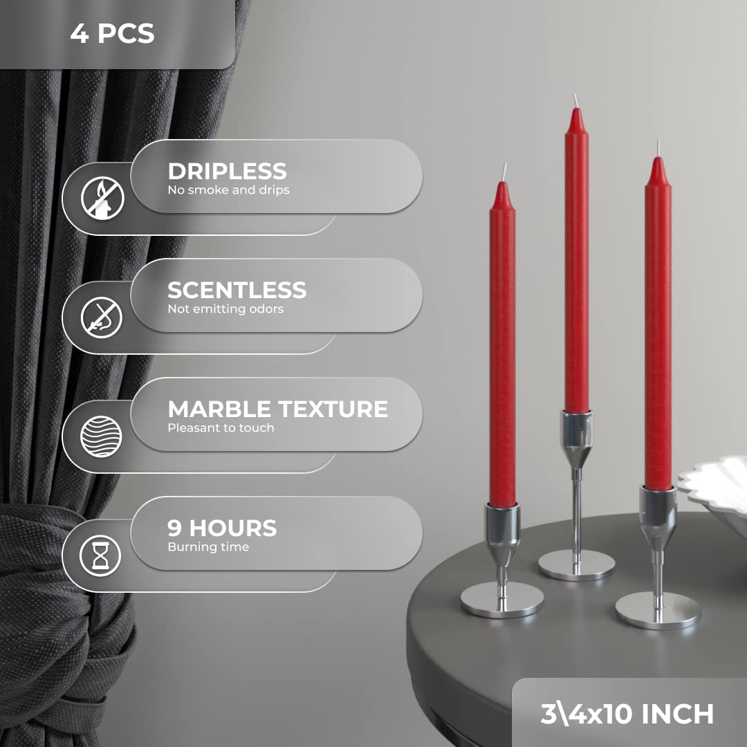 Premium CANDWAX Red Taper Candles 10 Inch - Pack of 4 Unscented Dripless Dinner Candles | Slow Burning Smokeless Long Candlesticks for Romantic Dinners, Wedding Decor & Holiday Tablescapes