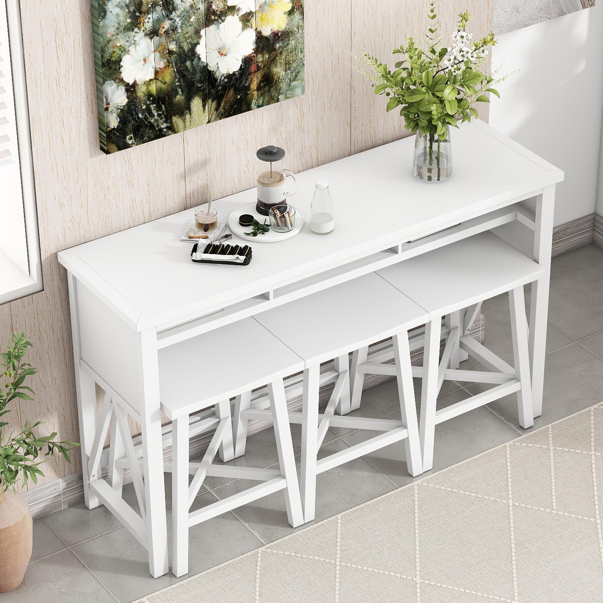 Farmhouse Style 60-Inch Counter Height Dining Table Set with 3 Saddle Stools - 4 Piece White Kitchen Table Set for Small Spaces | Perfect for Dining Room, Breakfast Nook & Apartment Living