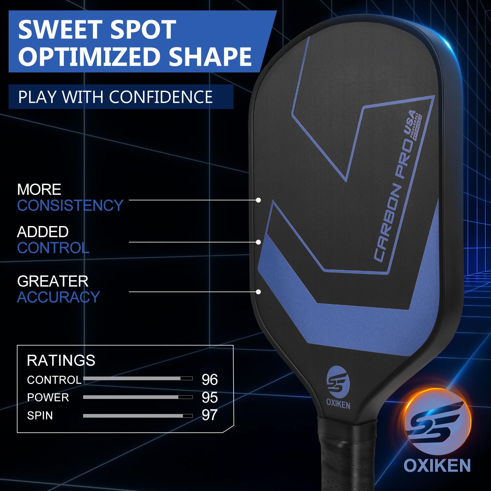OXIKEN 10/13/16 mm USAPA Approved Pickleball Paddles - T700 Carbon Fiber Surface, Honeycomb Core, High Grit for Maximum Spin, 5.5