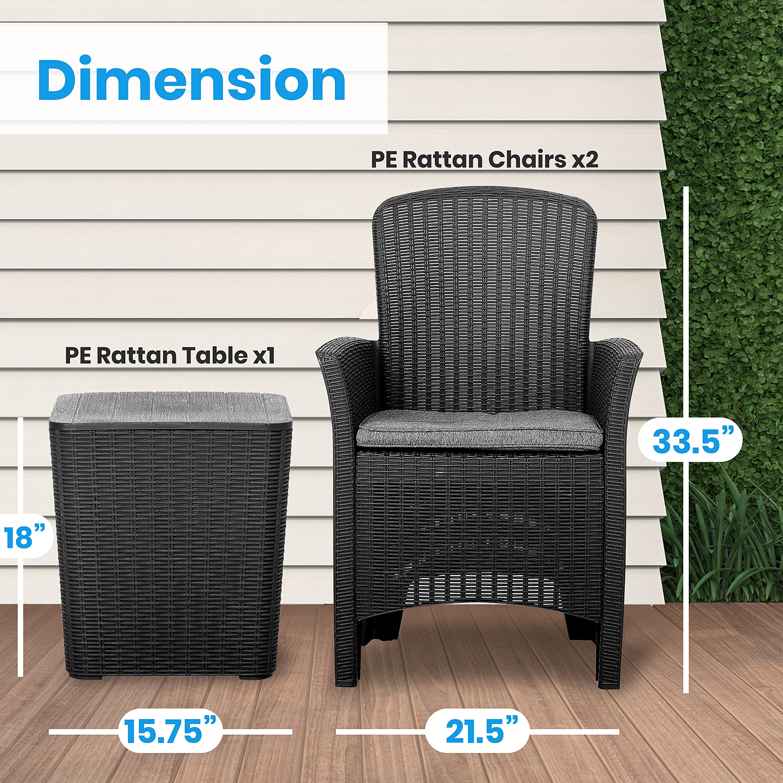 SereneLife 3-Piece Outdoor Patio Furniture Set - Black Rattan Wicker Chairs with Coffee Table, Bistro Conversation Set for Garden, Porch, Backyard & Poolside Relaxation