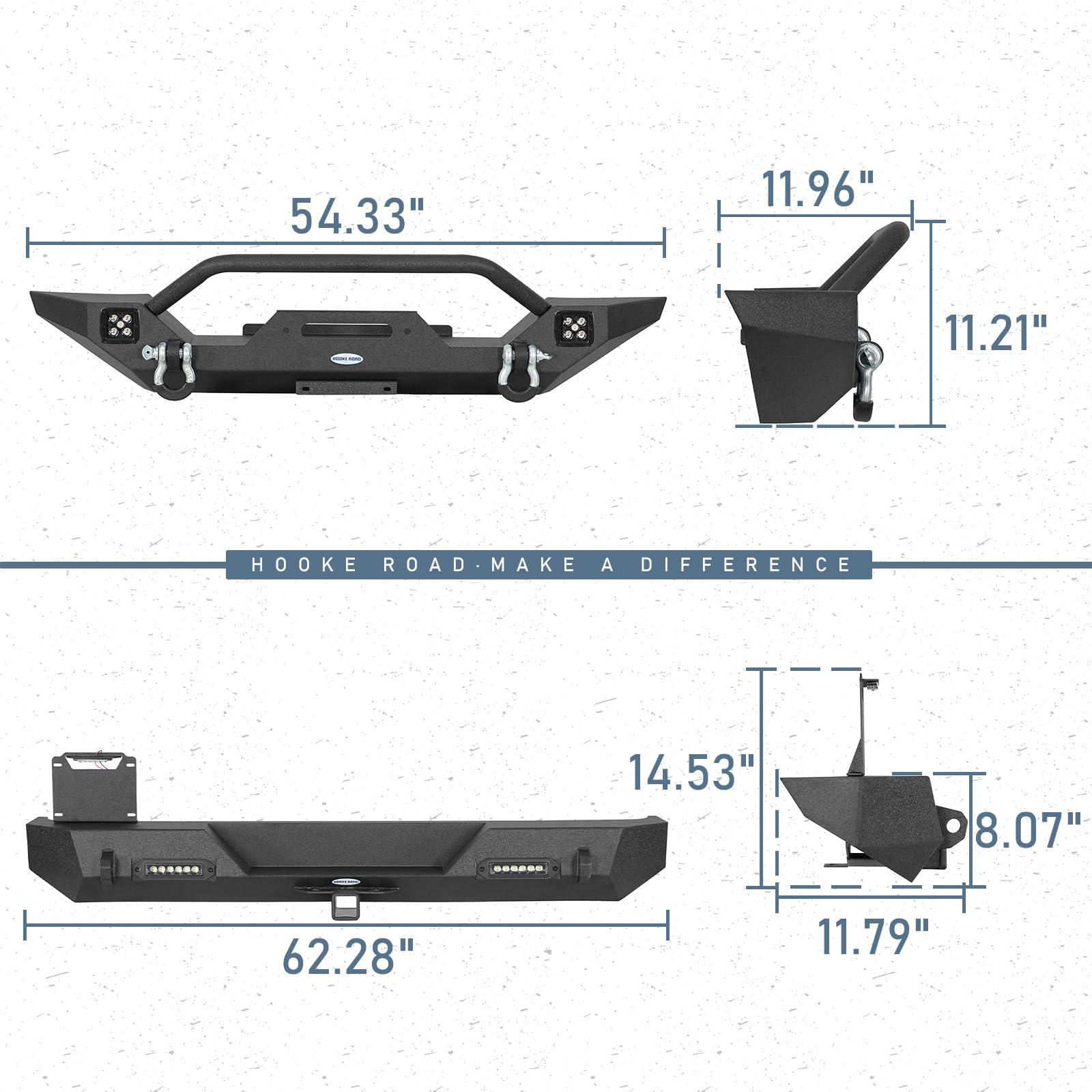 Hooke Road Jeep Wrangler TJ Front & Rear Bumper Set (1997-2006) - Heavy Duty Off-Road Bumpers with D-Rings & Receiver Hitch - Perfect for Trail Riding, Rock Crawling & Jeep Upgrades
