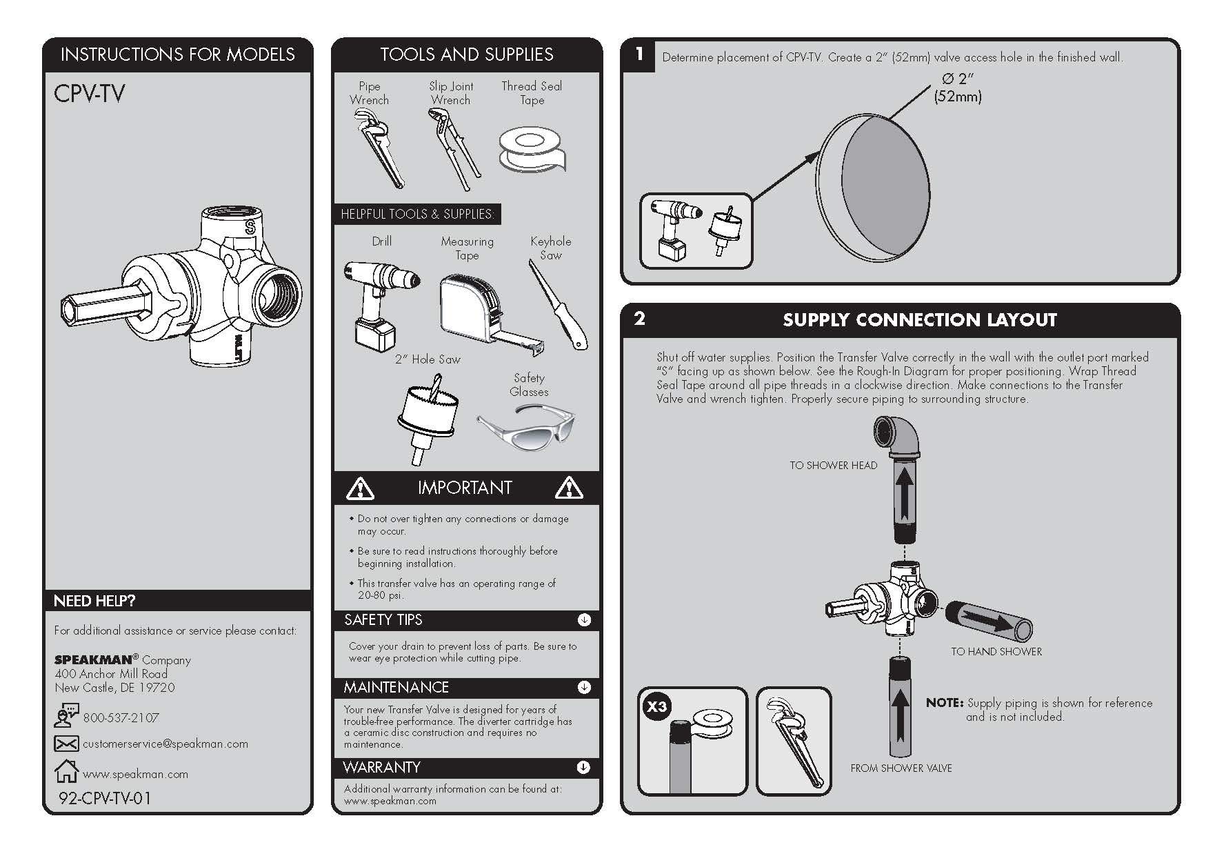 Speakman CPV-TV Brass Transfer Shower Valve - Durable Bathroom Fixture for Hotels, Homes & Commercial Use