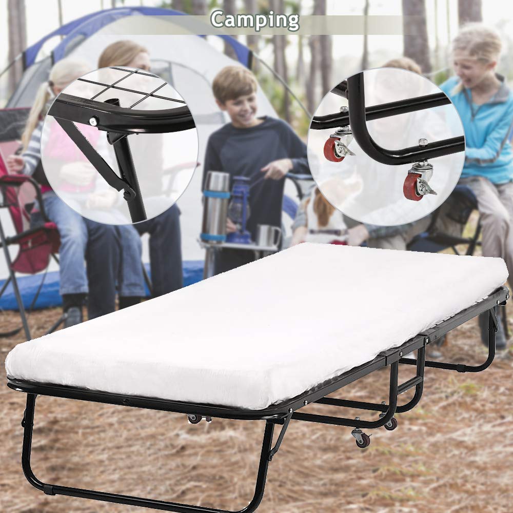 **DKELI Folding Camping Cot with Mattress - Heavy Duty 330Lbs Capacity, Portable Twin Size Rollaway Bed on Wheels for Adults & Kids - Perfect for Camping, Guest Rooms, and Emergency Use (White)**