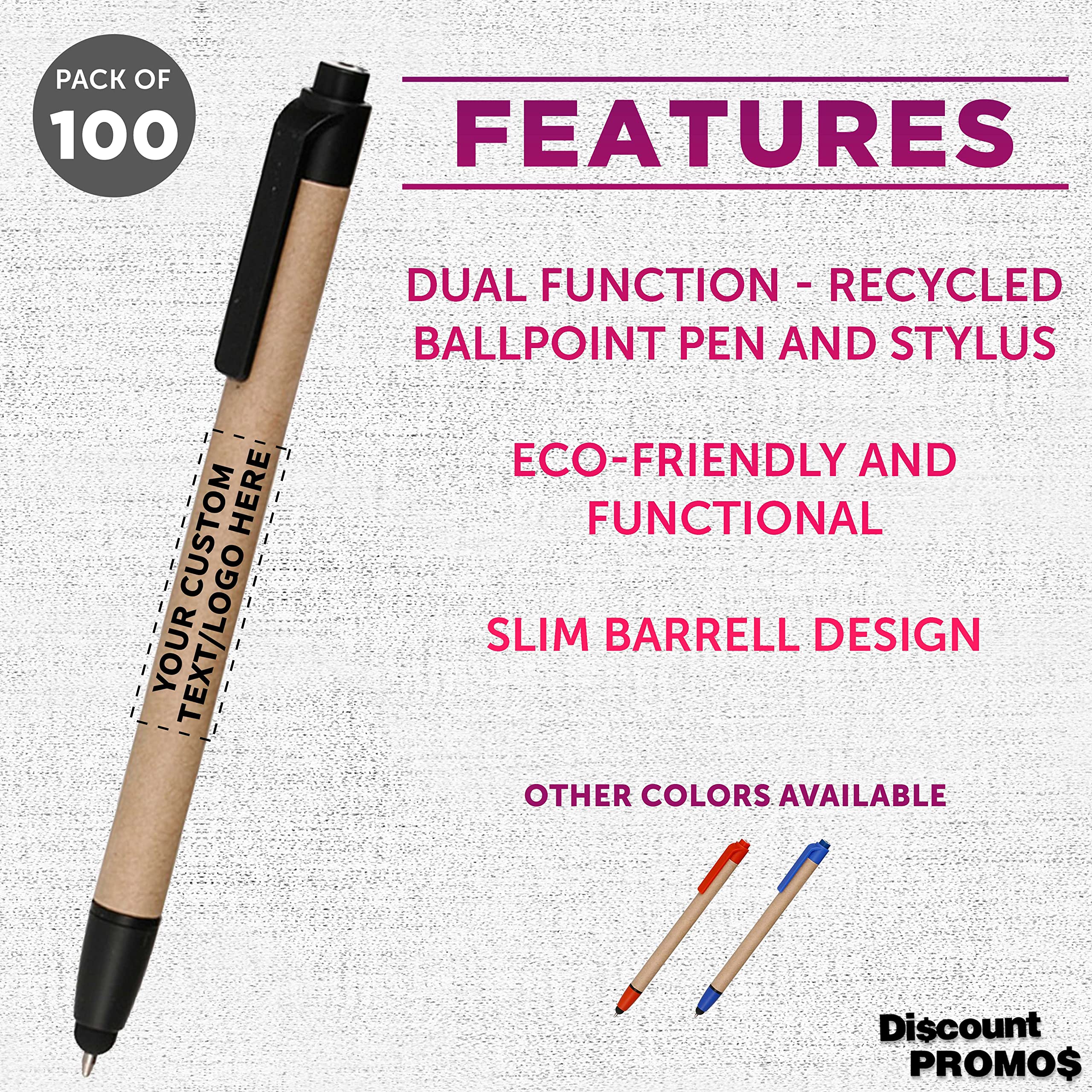 100 Pack Retractable Ballpoint Stylus Pens - Custom Printed with Text/Logo - Eco-Friendly Recycled Black Ink Pens for Office, School, Note-Taking & Digital Devices
