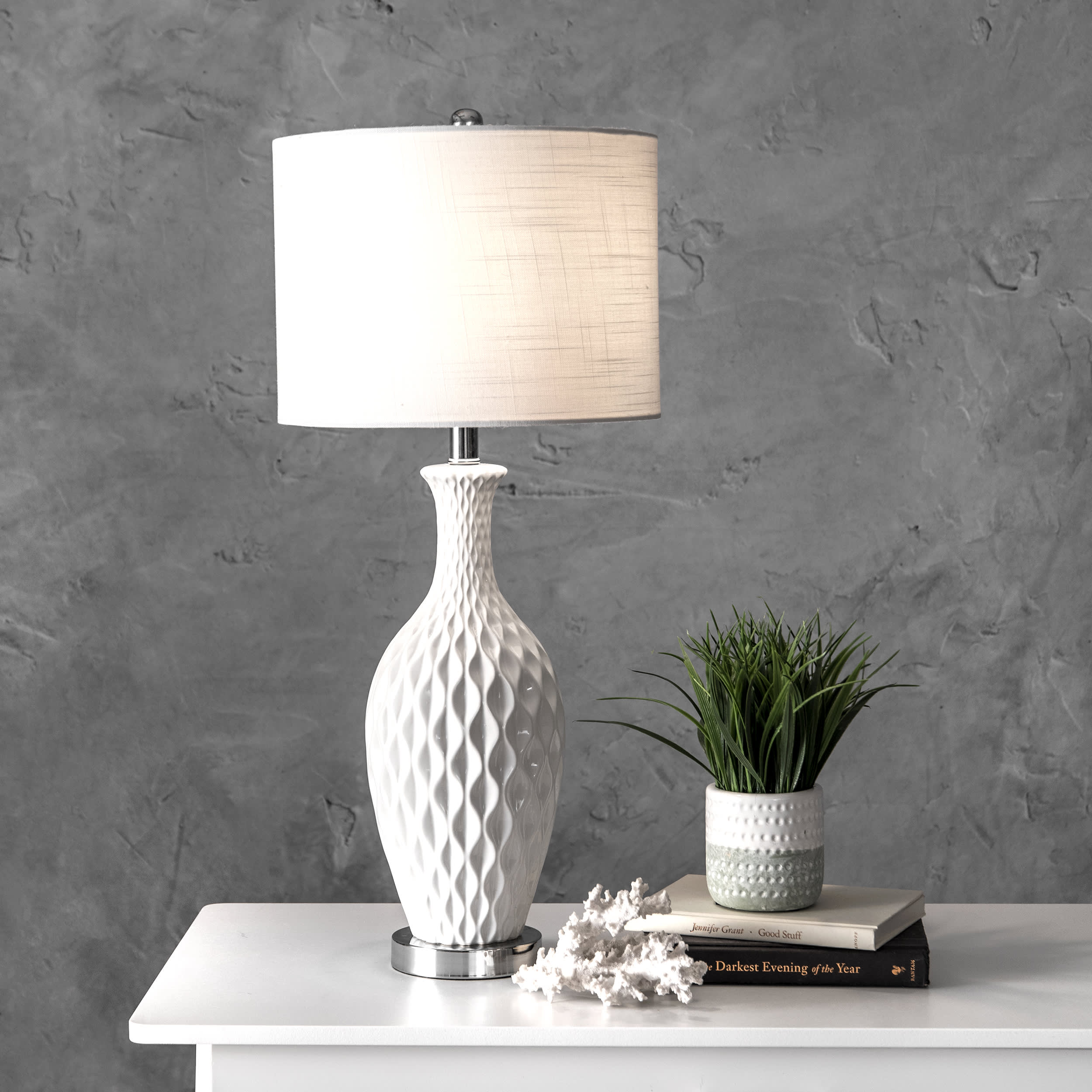 28 Inch Diamante Textured Ceramic Table Lamp - Ivory White Luxury Bedside Lamp for Living Room, Bedroom & Office Decor