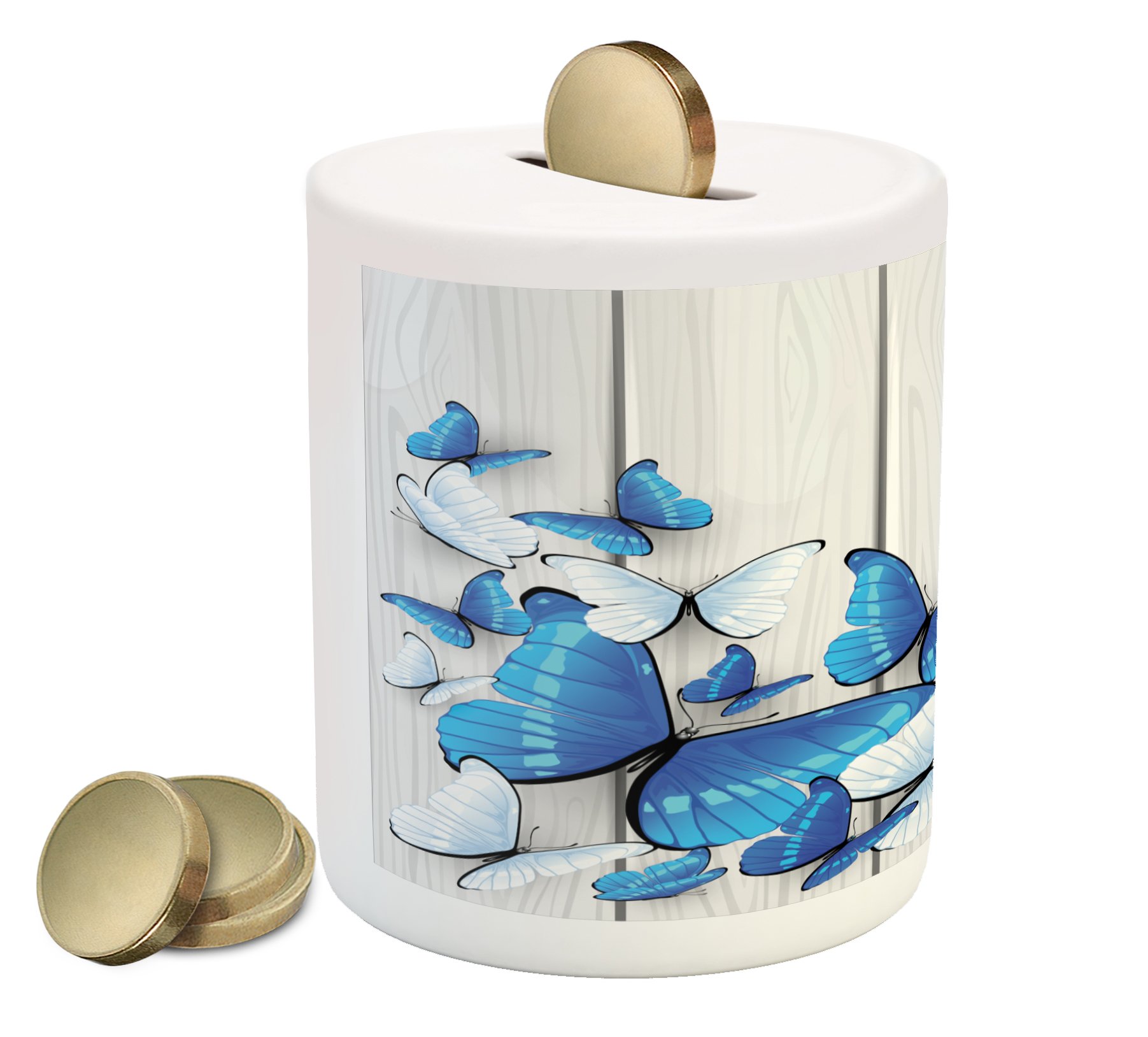 Ambesonne Ceramic Butterfly Piggy Bank - Blue & White Butterfly Design on Rustic Wooden Background, Money Saving Coin Bank for Cash & Coins - Perfect for Kids' Savings, Home Decor, and Gift Giving