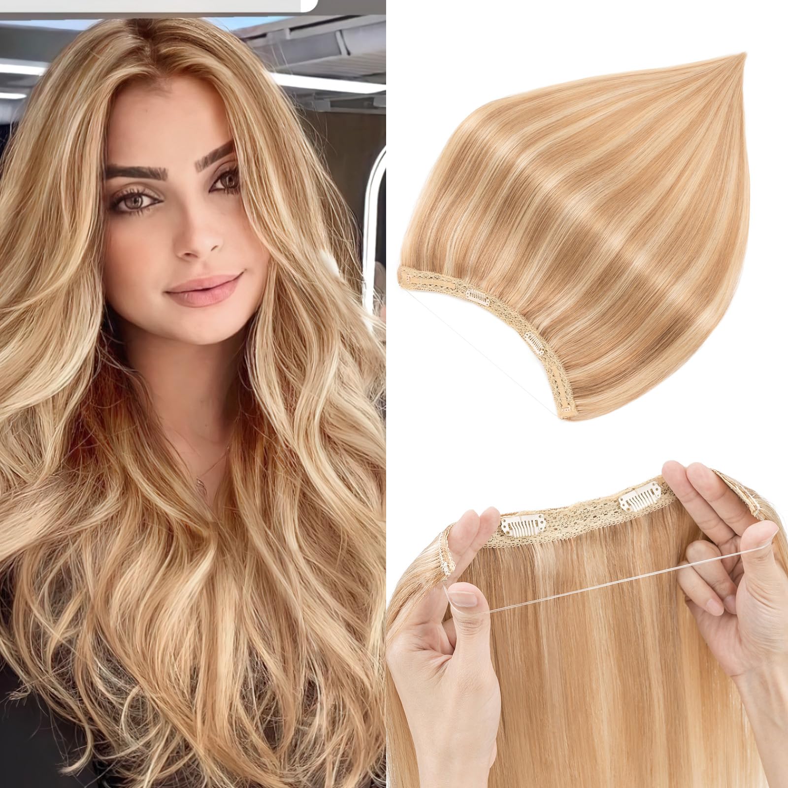 Prokyvity Halo Hair Extensions 100% Real Human Hair - 22 Inch Golden Brown Mixed Bleach Blonde (12P613) | Seamless Invisible Hairpiece for Volume & Length | Perfect for Weddings, Parties & Daily Styling