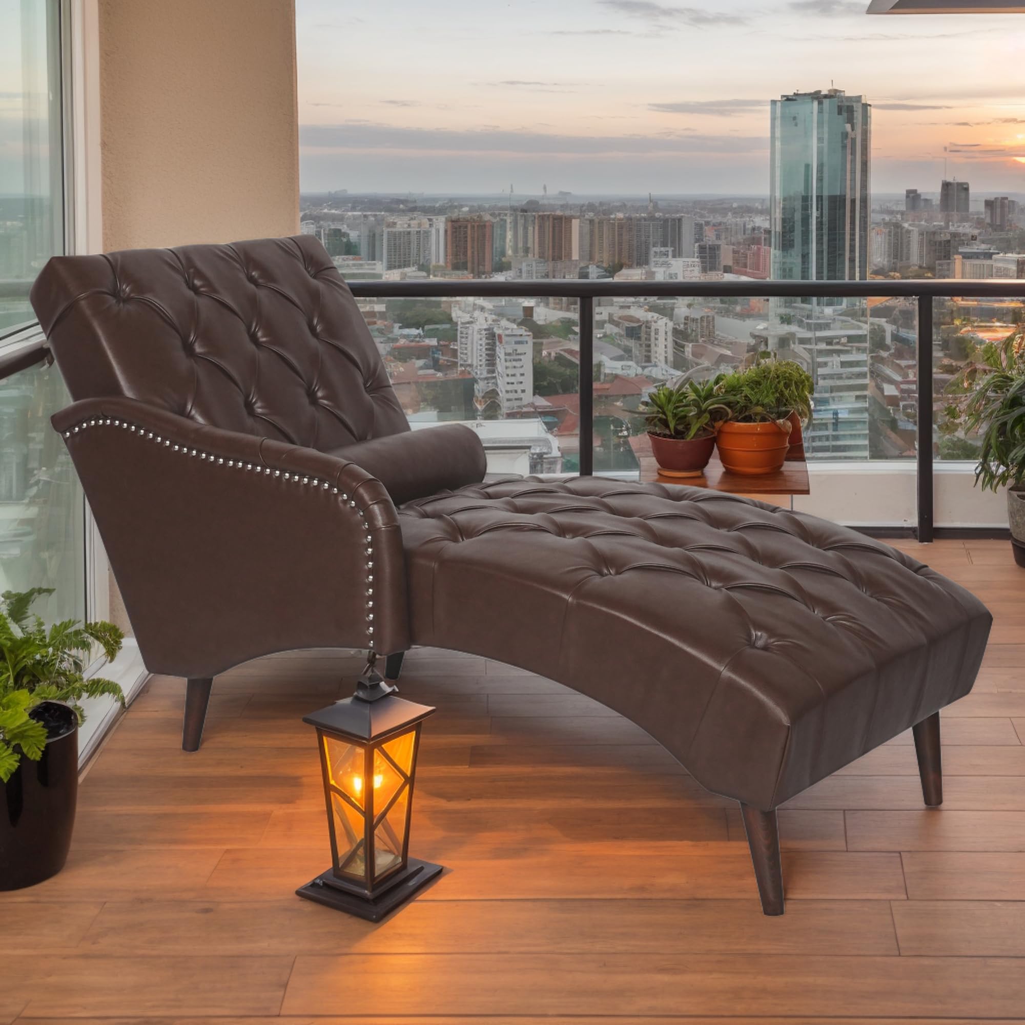 Mid Century Modern Chaise Lounge Chair - Upholstered PU Leather with Lumbar Pillow & Wood Legs - Comfy Indoor Lounge Chair for Living Room, Bedroom | Perfect for Relaxing, Reading & Napping