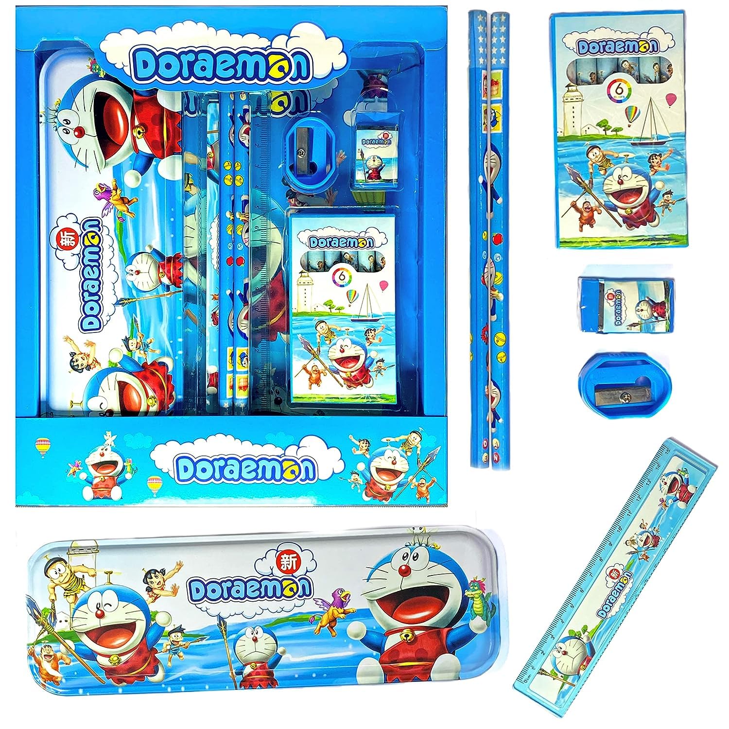 Cartoon Themed 6-in-1 Stationery Gift Set for Kids - Pencil Box, Colored Pencils, Eraser, Ruler & Sharpener (Doraemon Design) | Perfect for Birthday Gifts, School Supplies & Back to School Essentials