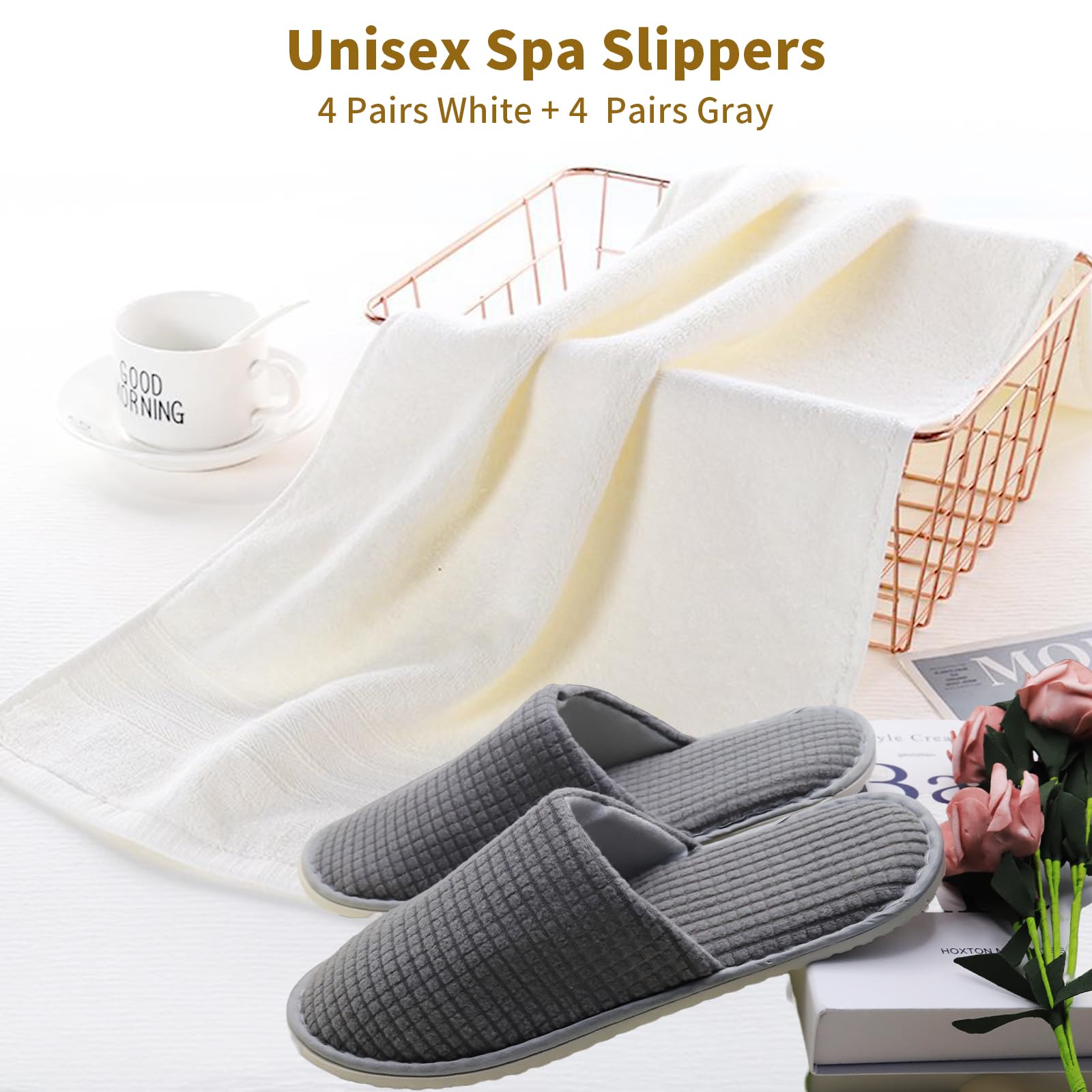 8 Pairs Disposable Hotel Slippers for Guests - Non-Slip Polar Fleece SPA Slippers, Washable & Reusable for Travel, Bridal, Women & Men - Perfect for Hotels, Spas, and Home Use