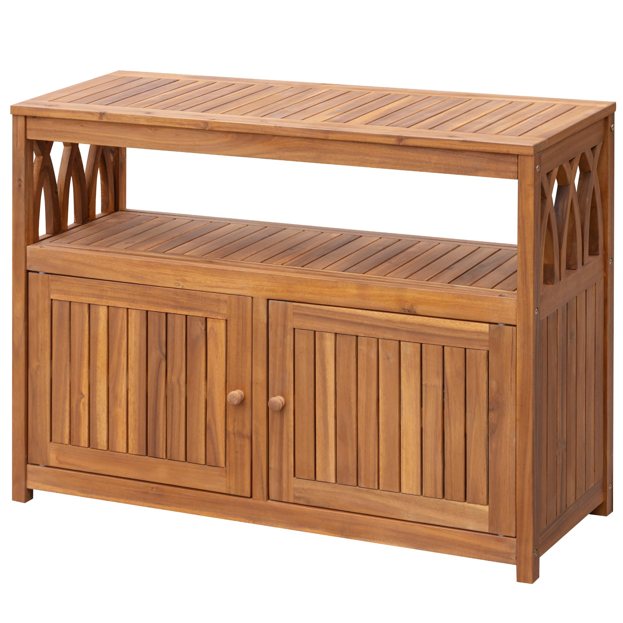 Greesum 2-Tier Acacia Wood Outdoor Storage Cabinet with Magnetic Doors - Garden, Patio, Living Room Organizer for Picnic Supplies, Buffet Serving, TV Stand or Bar Table (Brown)