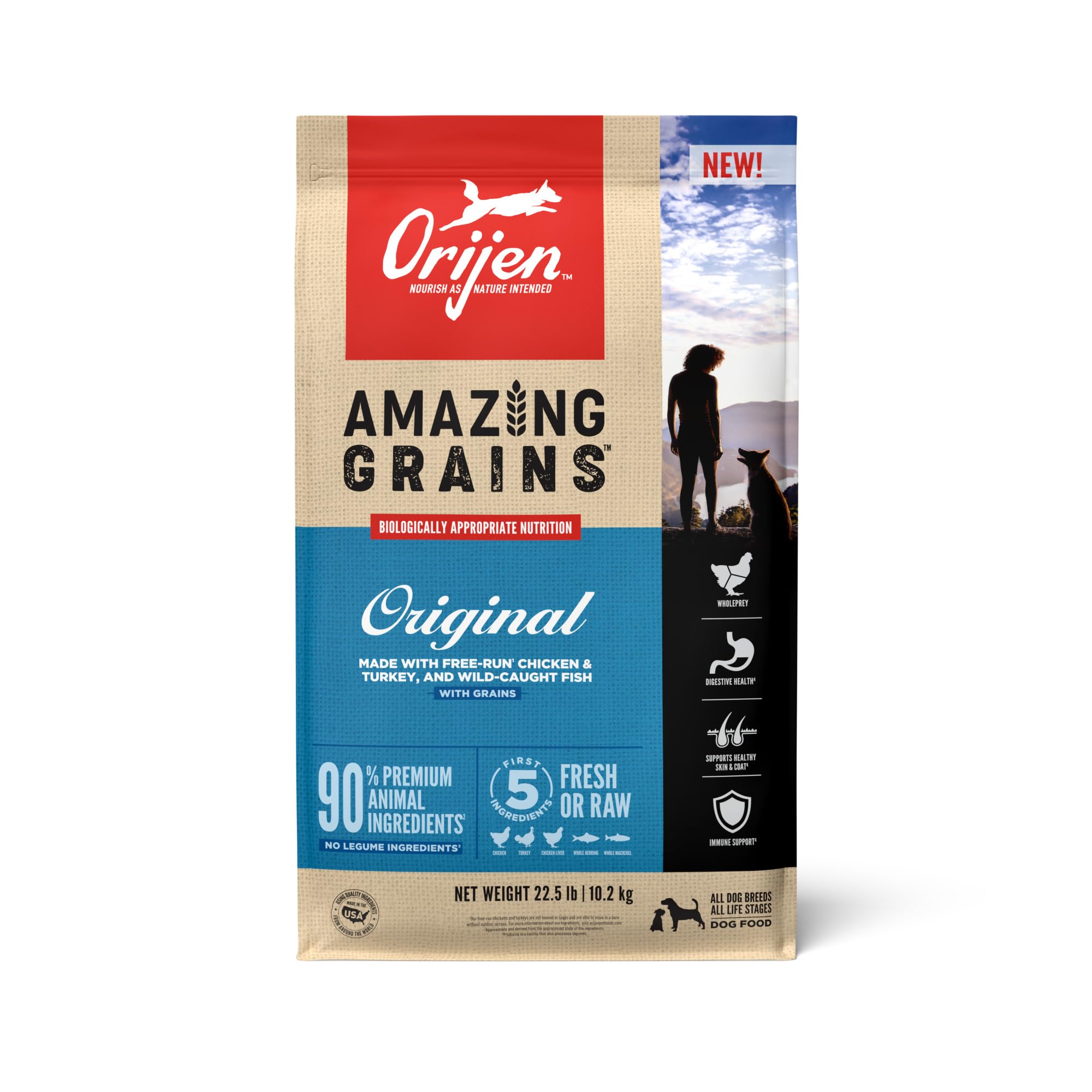 ORIJEN Amazing Grains Original High Protein Dry Dog Food with Fresh & Raw Ingredients - Premium Grain-Free Nutrition for Adult Dogs - Perfect for Active Pets & Training Rewards