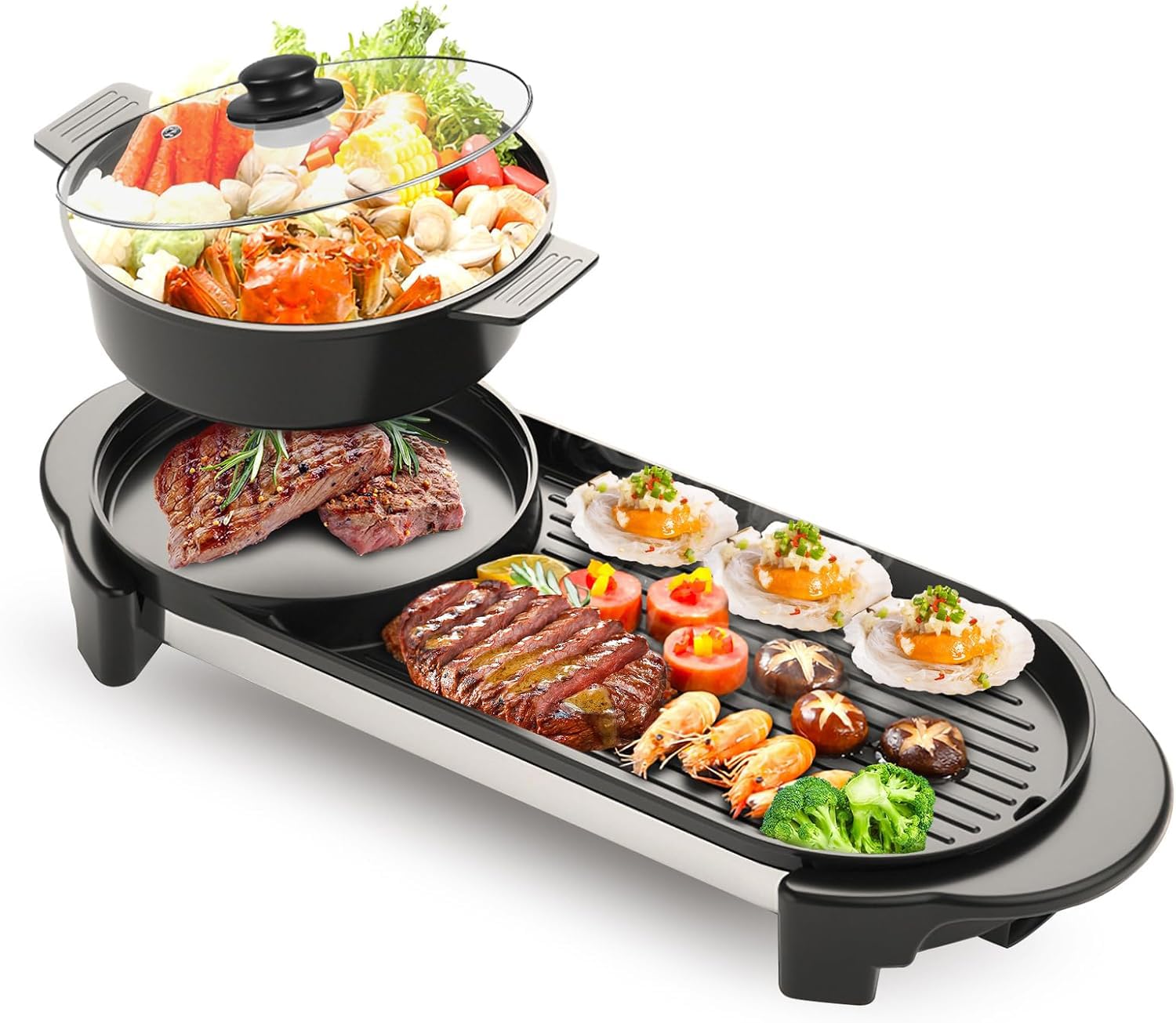 2 in 1 Electric Smokeless Hot Pot & Grill Combo - 2200W Removable Non-Stick Pot for Korean BBQ, Shabu Shabu & Indoor Cooking - Dual Adjustable Temperature Control for 1-6 People - Perfect for Family Gatherings, Dinner Parties & Asian Cuisine Lovers
