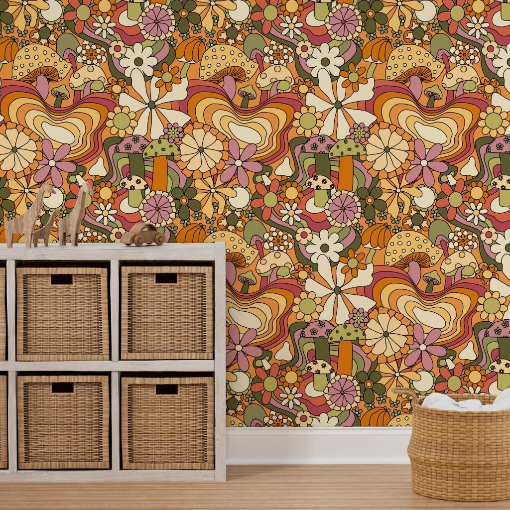 12ft x 2ft Removable Peel & Stick Wallpaper - Groovy Mushroom Garden Design | Self-Adhesive Wall Decor for Bedroom, Nursery & Living Room | Easy DIY Home Renovation by Spoonflower