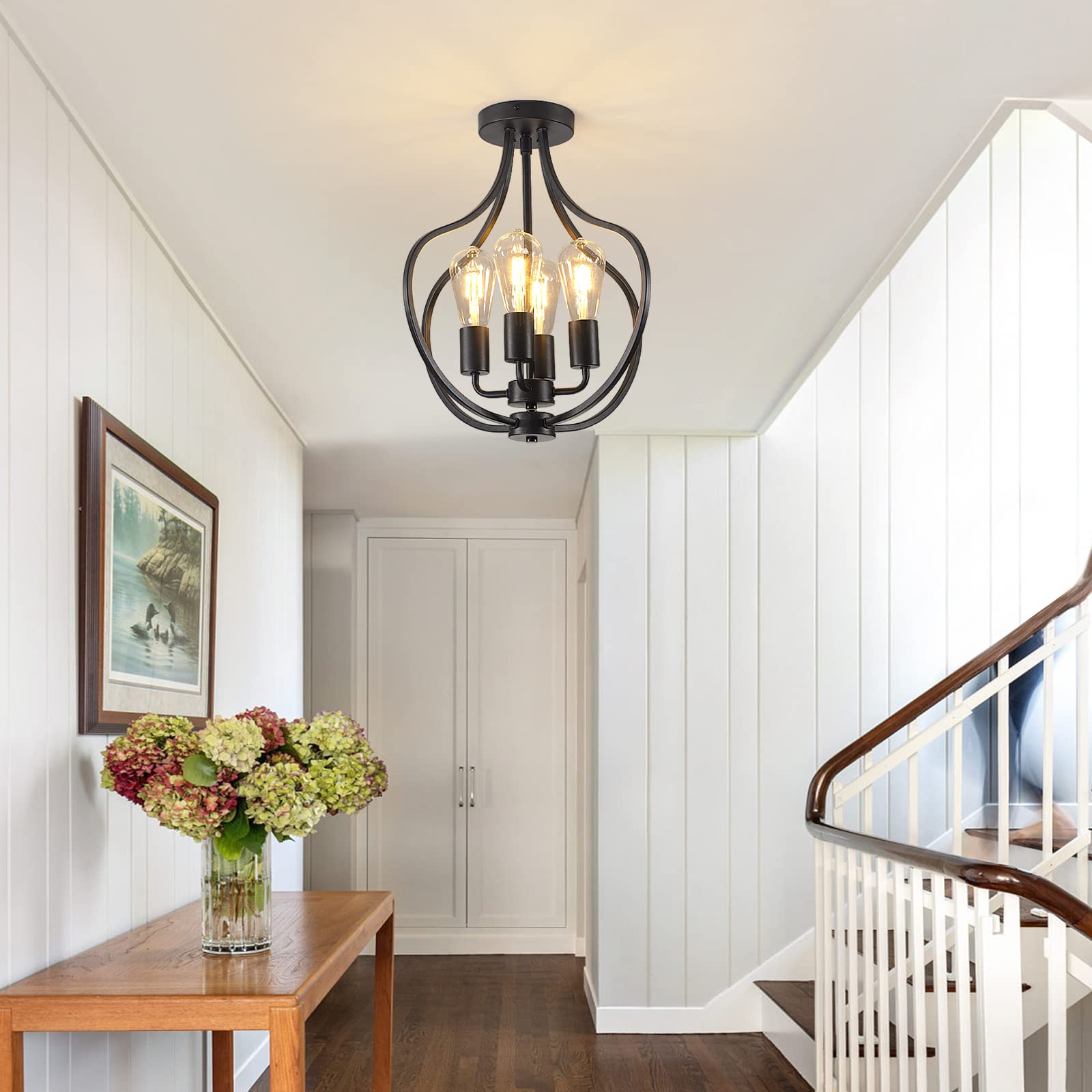 4-Light Modern Semi Flush Mount Ceiling Fixture - Farmhouse Black Chandelier with Industrial Style - Perfect for Kitchen Island, Dining Room, Bedroom, Living Room, Foyer, Entryway & Hallway Lighting - Ideal for Home, Office, Restaurant and Commercial Spaces