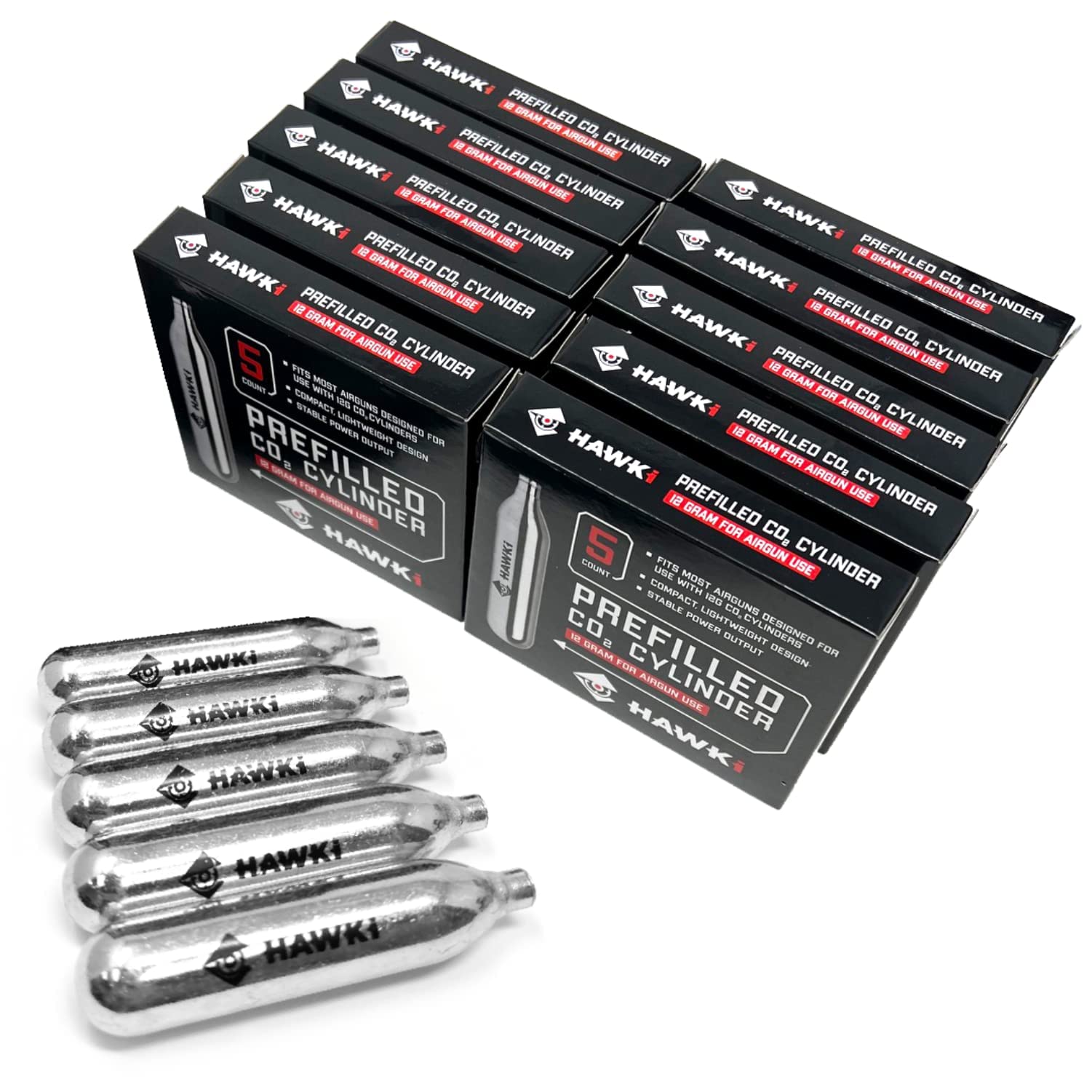 Hawki 12 Gram CO2 Cartridges - Premium Refills for Air Guns, BB Guns, Airsoft Pistols & Paintball Markers | Perfect for Target Shooting, Hunting & Outdoor Sports