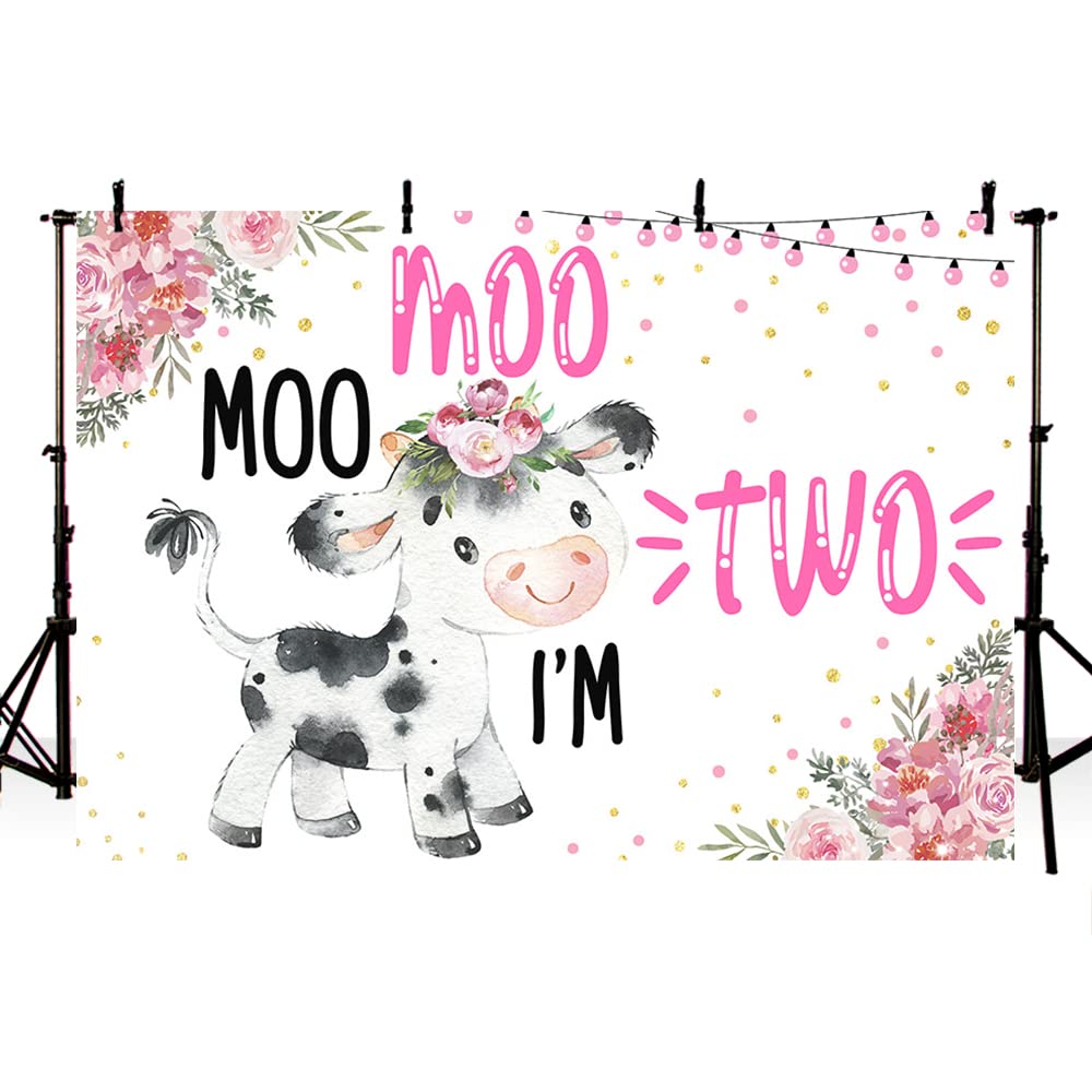 MEHOFOND 10x7ft Cow-Themed Baby Girl 2nd Birthday Backdrop - Pink Floral Confetti Party Banner for Cake Table, Wall Decor & Photo Booth Background | Perfect for 'Moo Moo I'm Two' Birthday Party Photography & Gift Pictures