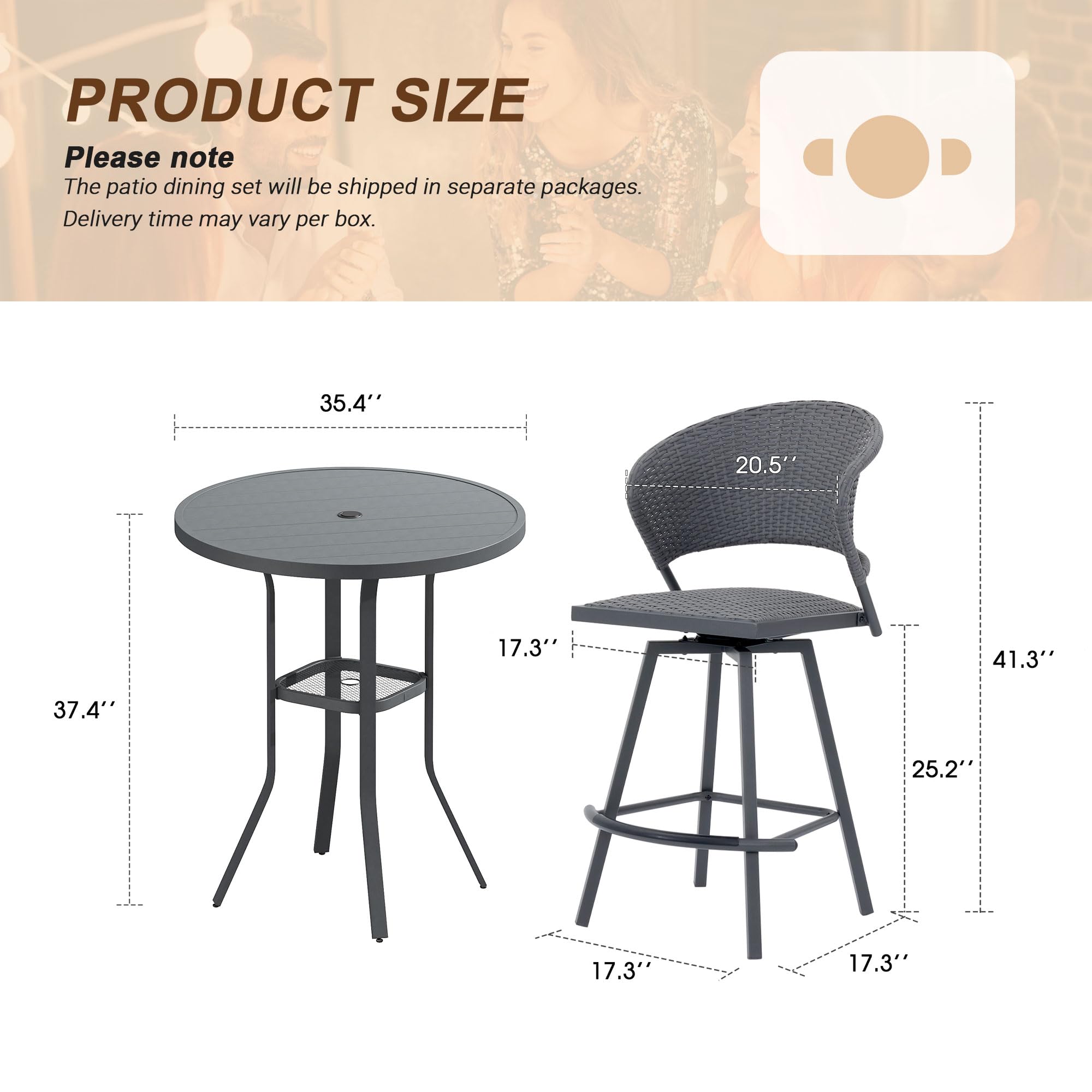 VICLLAX 3-Piece Outdoor Bar Set with 37