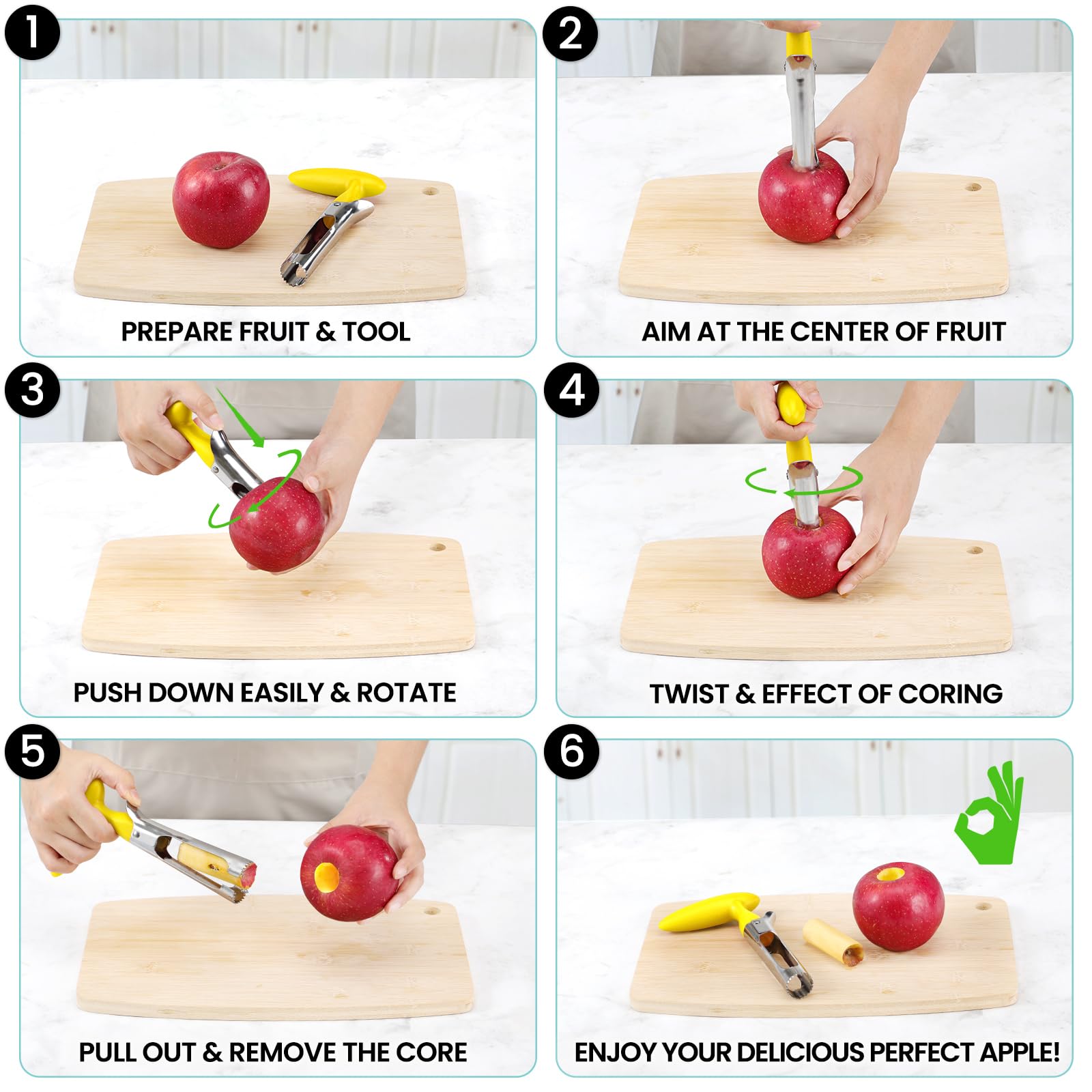 Premium Stainless Steel Apple Corer & Pear Corer Tool - Sharp Serrated Edge for Easy Fruit Coring - Durable & Easy to Clean - Perfect for Baking, Juicing, and Healthy Snacks (Yellow)