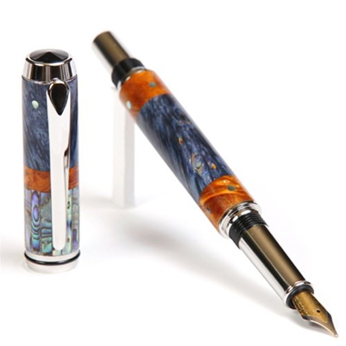 Lanier Baron Fountain Pen - Rhodium Trim, Blue & Yellow Box Elder Wood with Abalone Inlay | Premium Writing Instrument for Gifts, Collectors & Calligraphy Enthusiasts