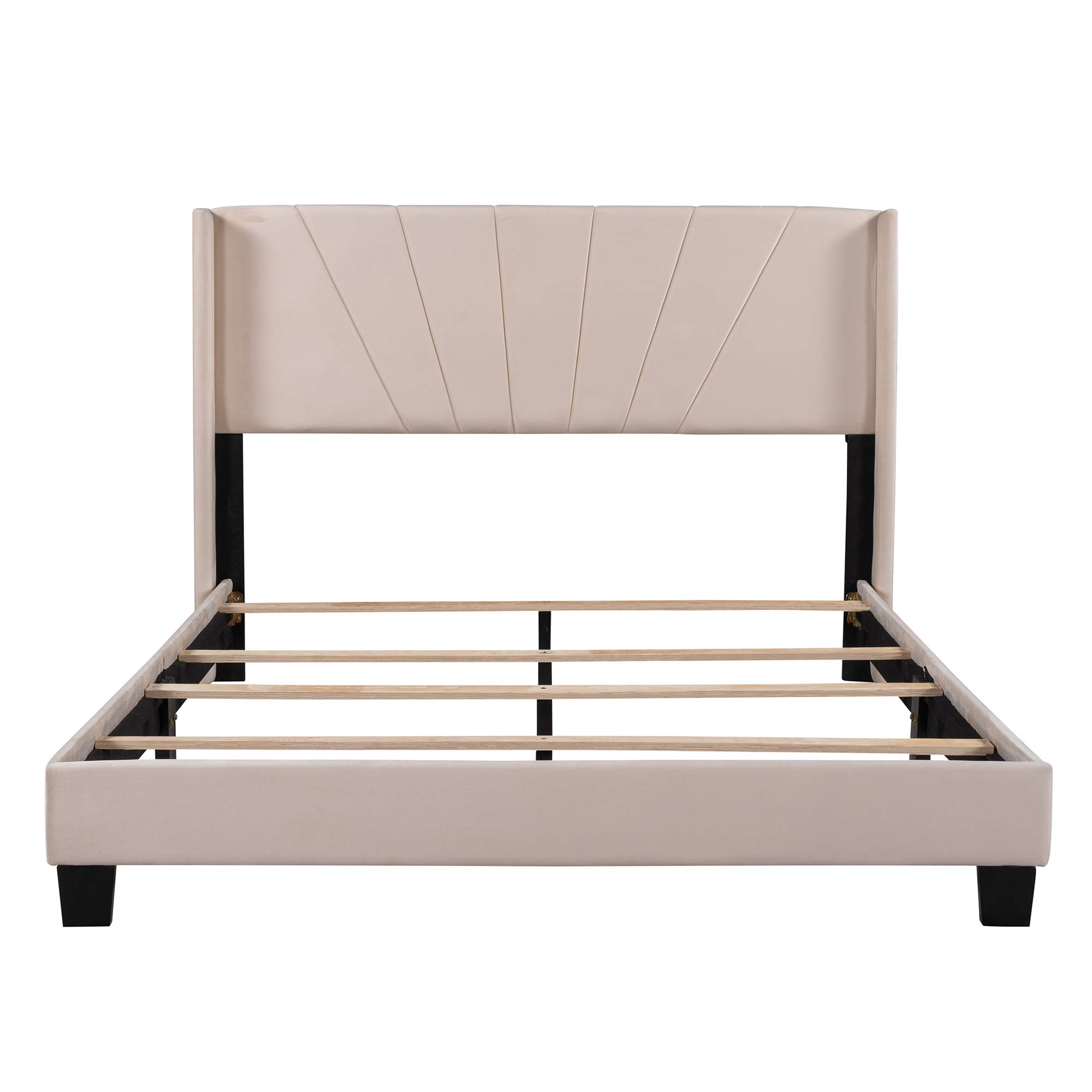 SSLine Queen Size Bed Frame - Beige Velvet Upholstered Platform Bed with Wood Slats & Modern Headboard | Sturdy Support, Easy Assembly | Perfect for Master Bedroom, Guest Room & Small Spaces (Queen, Beige Velvet)