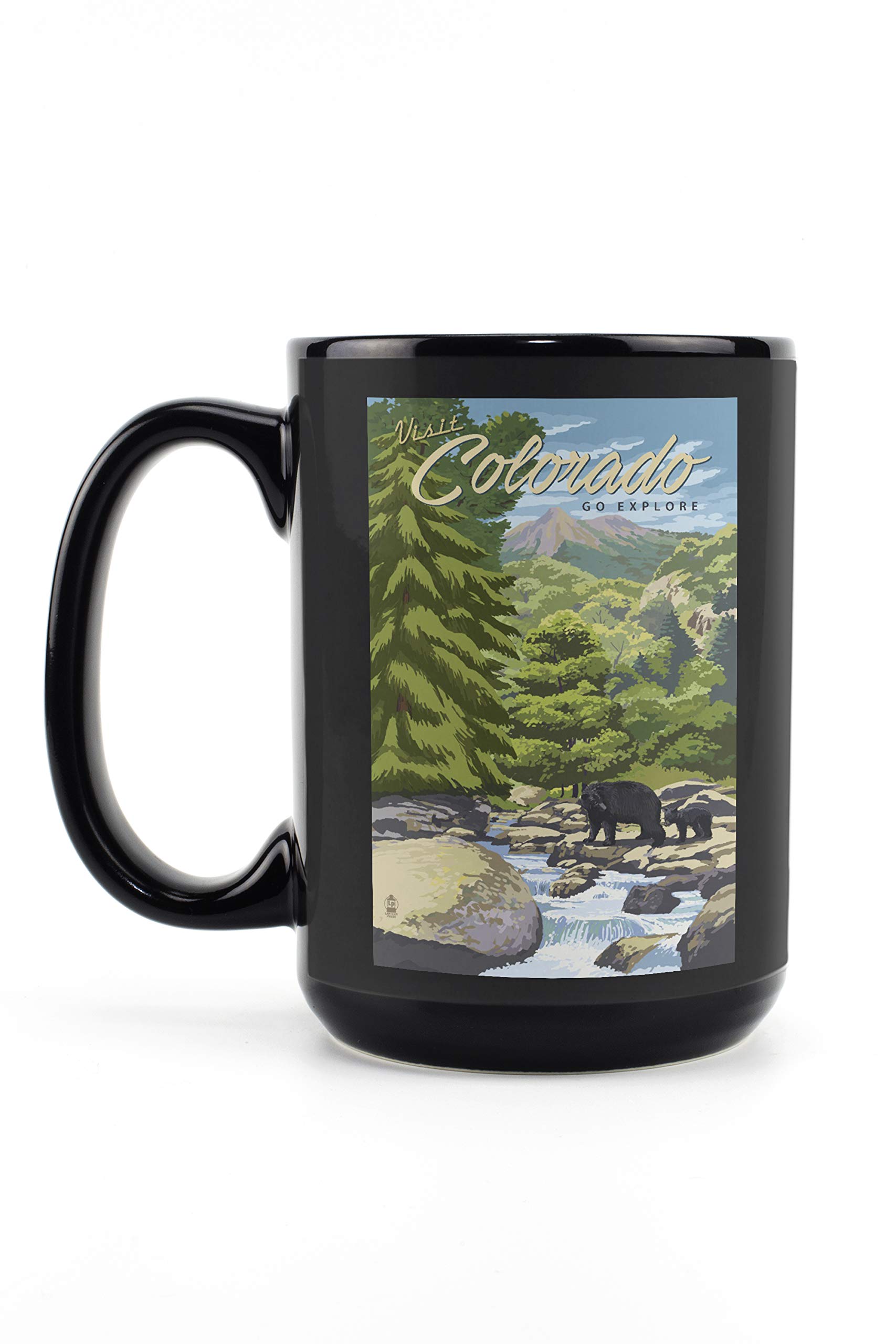 Lantern Press Colorado Black Bears and Stream 15oz Black Ceramic Coffee Mug - Microwave & Dishwasher Safe - Perfect for Camping, Office, and Home Use