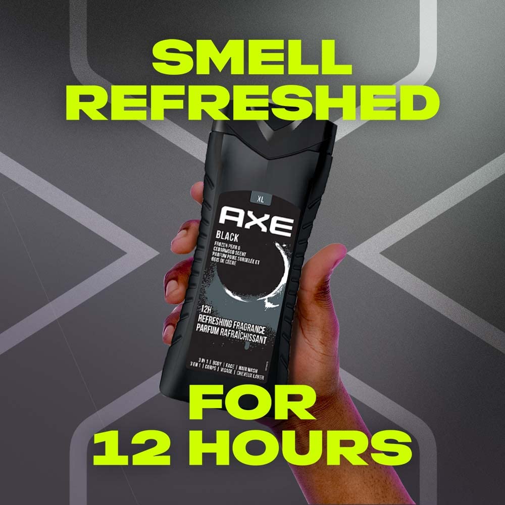 AXE Black 3-in-1 Body Wash, Face Wash & Shampoo for Men - Long Lasting Refreshing Frozen Pear Scent, Dermatologist Tested, 400ml - Perfect for Gym, Travel & Daily Shower Routine