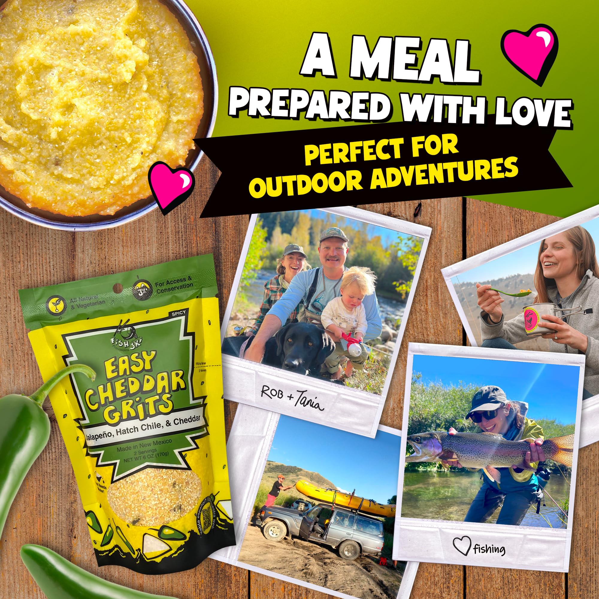 FishSki Provisions Jalapeno Yellow Corn Grits with Cheddar Cheese, Hatch Green Chile & Garlic - 6 oz Bags (24 Pack) | Perfect for Breakfast, Camping & Quick Meals