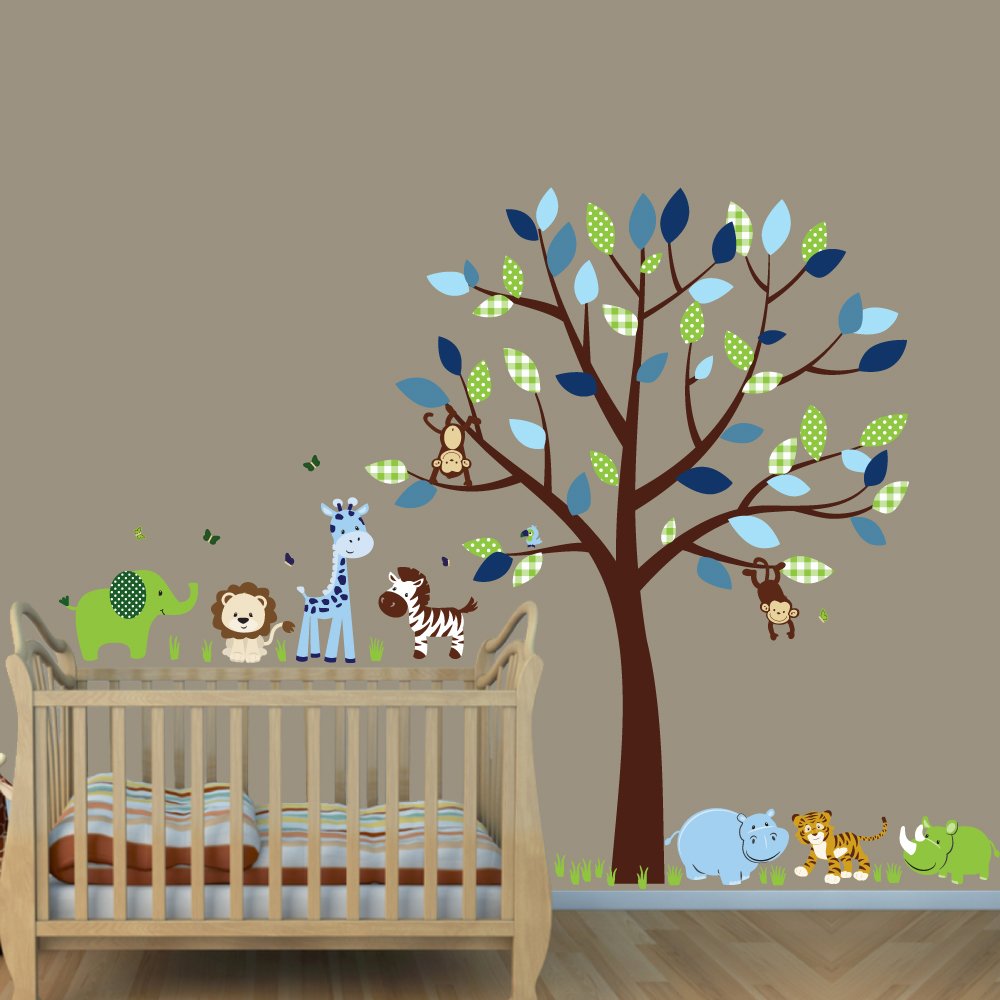 Vinyl Tree Wall Decals - Animal Stickers for Nursery & Kids Room Decor - Elephant & Hippo Wall Art - Green Envy Collection - Perfect for Bedroom, Playroom & Classroom Decorations