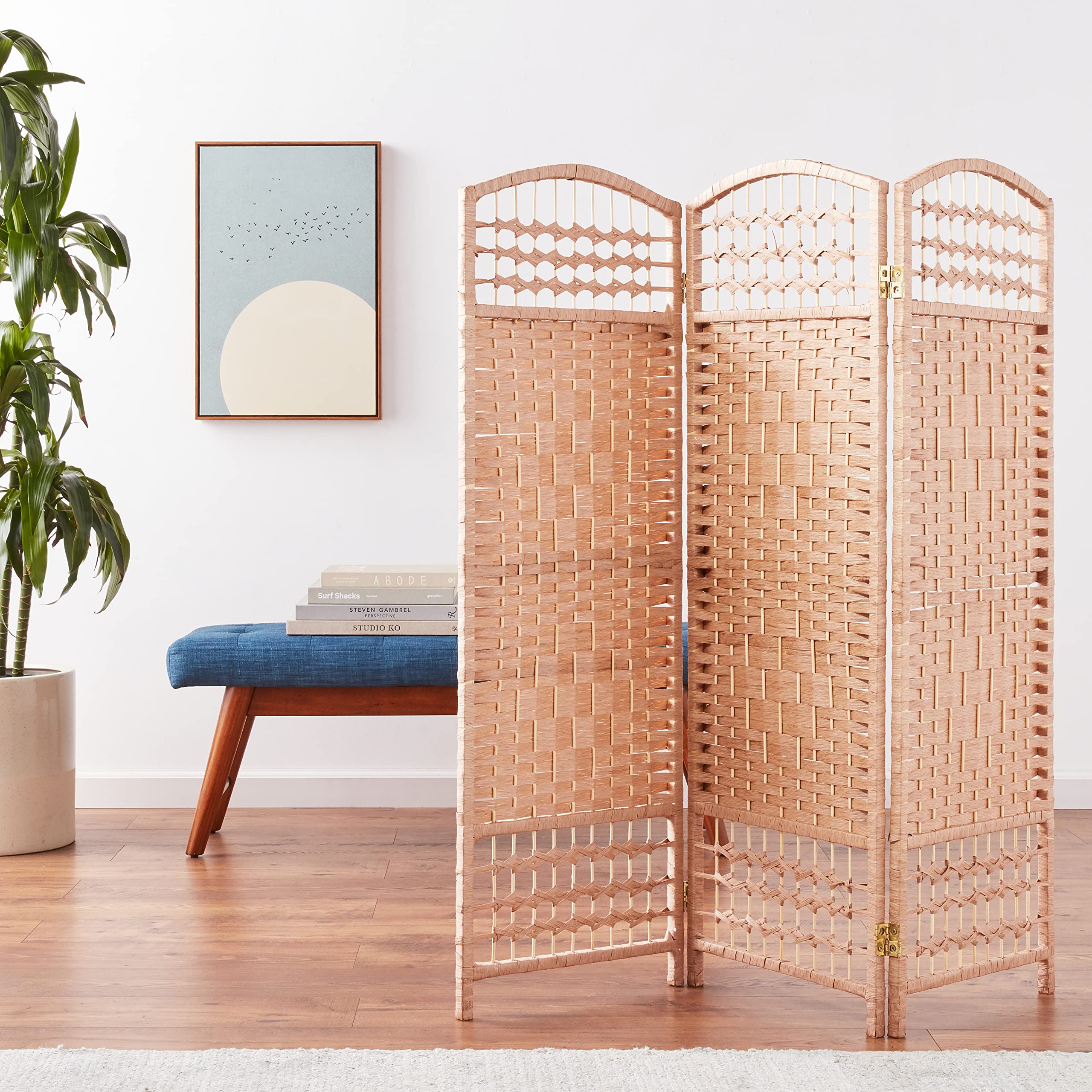 4 ft. Natural Short Fiber Weave Folding Room Divider - 3-Panel Privacy Screen for Home, Office & Outdoor Use - Perfect for Creating Separate Spaces in Living Rooms, Bedrooms or Patios