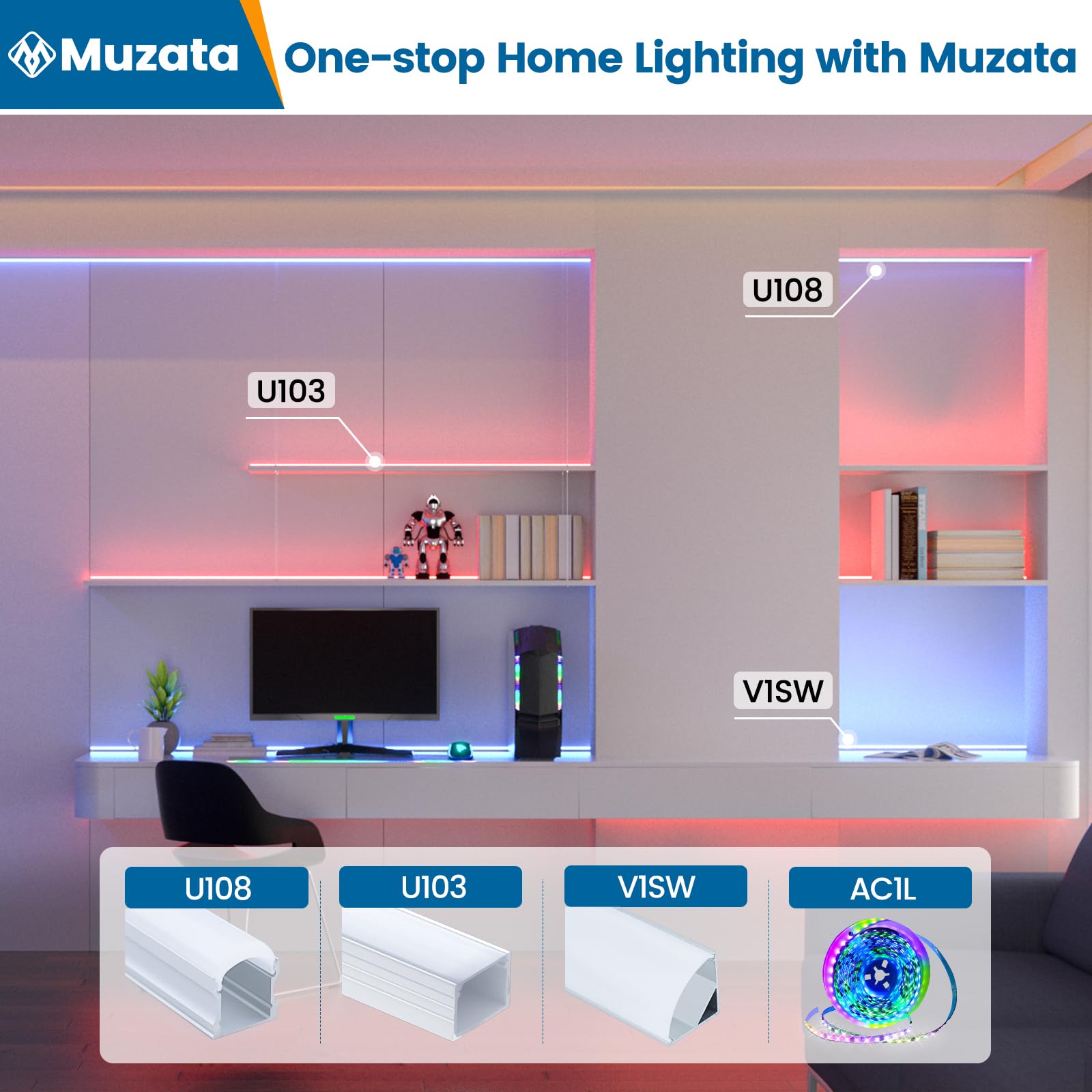 Muzata 10-Pack 6.6FT/2M Black LED Strip Channel with Frosted White Diffuser Cover - U103 BW 2M - Ideal for Home, Office, and Commercial Lighting Projects