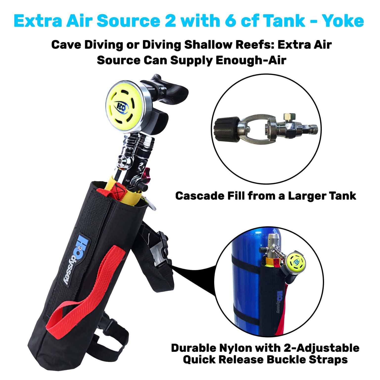 H2Odyssey Extra Air Source 2 Scuba Diving Regulator with 6 cu ft Tank - Yoke Valve for Underwater Breathing - Perfect for Recreational Diving, Snorkeling, and Emergency Backup Air Supply