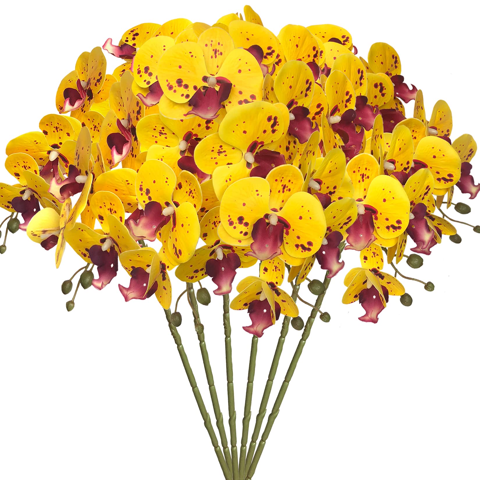 FagusHome 6 Pcs 32 Inch Artificial Phalaenopsis Orchid Flowers Stems - Fake Silk Flowers for Home Décor, Wedding Centerpieces & Office Decoration (Yellow Piebald)