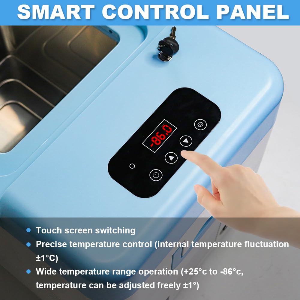 Portable Ultra-Low Temperature Freezer (-86°C to 18°C/-122.8°F to 64.4°F) for Lab Sample Storage | 12V-240V Compatible Cryogenic Freezer with 38LB Capacity | Ideal for Laboratory, Medical, and Research Sample Preservation
