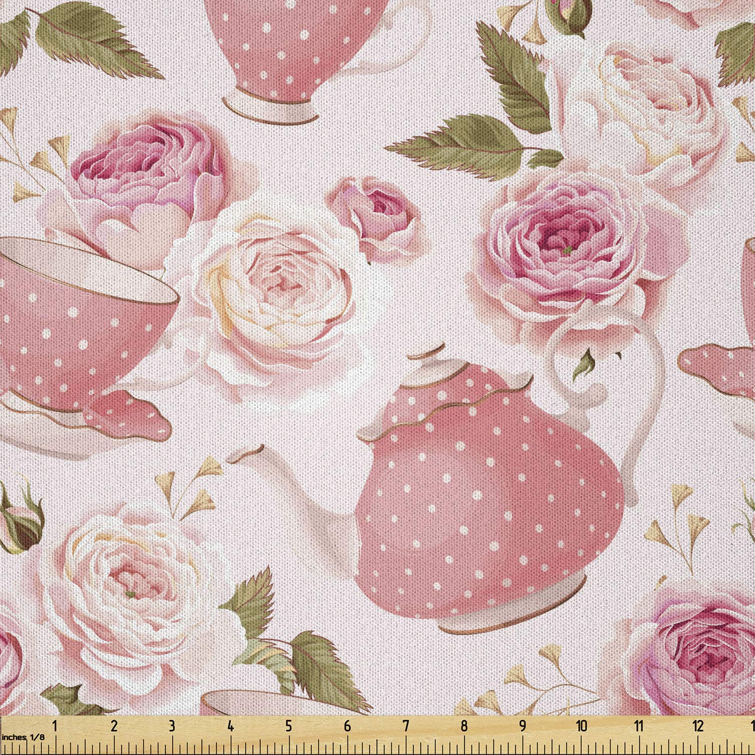 Ambesonne Floral Fabric by The Yard - Vintage Tea Cup & Rose Print Microfiber Textile for DIY Crafts, Home Decor & Sewing Projects (10 Yards, Pale Pink Coral Fern Green) | Perfect for Quilting, Upholstery, Curtains & Table Runners
