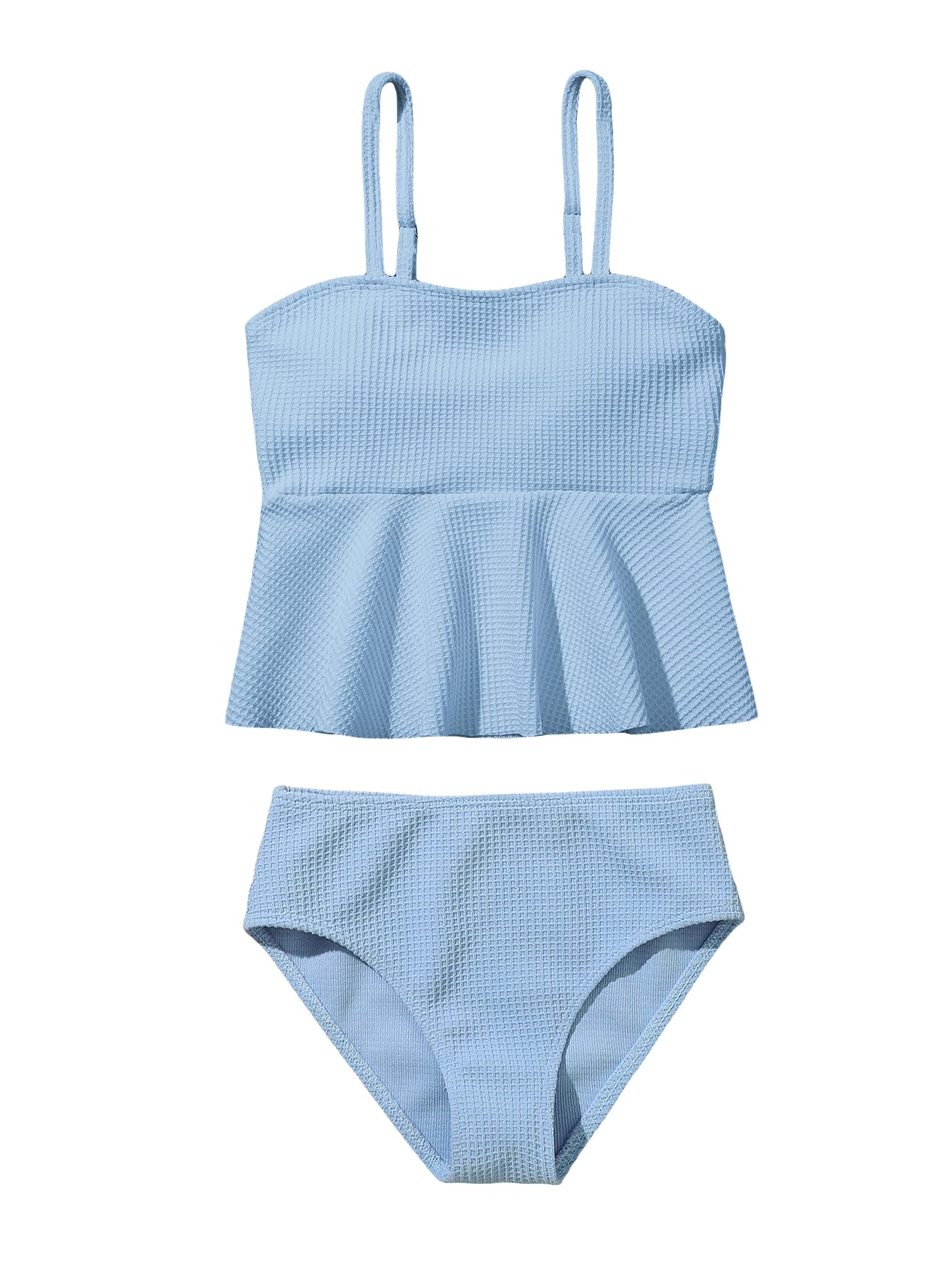 SHENHE Girls' 2-Piece High Waisted Ruffle Waffle Swimsuit Bikini Set - Cute Bathing Suit for Beach, Pool & Summer Vacation