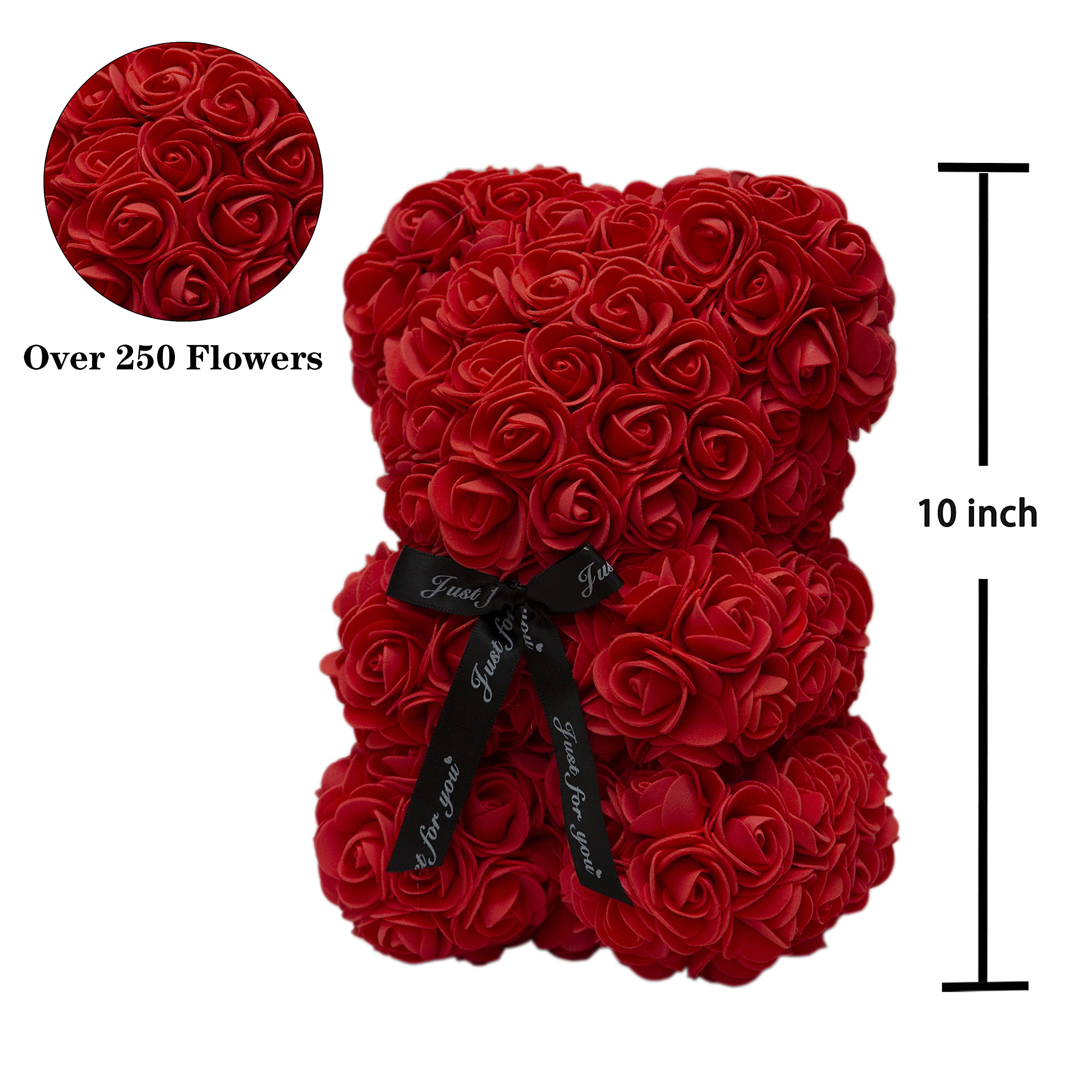 DuHouse 10 Inch Handmade Rose Teddy Bear Flower Gift - Valentine's Day, Anniversary, Christmas, Birthday, Bridal Shower Present in Elegant Black Box (Red Roses) | Perfect for Romantic Surprises & Special Occasions