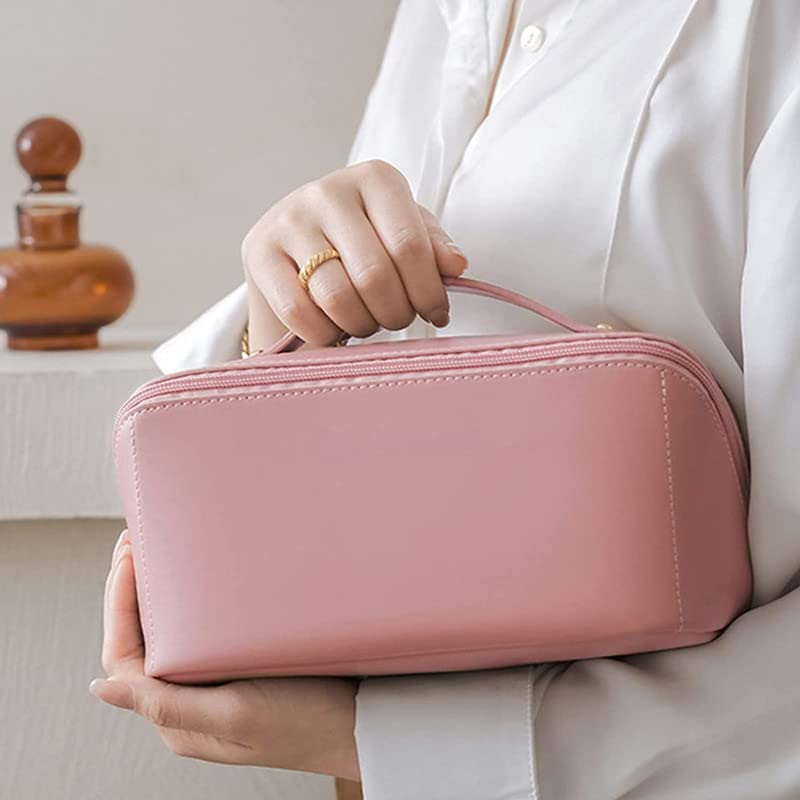 VEHTRI Large Capacity Waterproof Leather Travel Cosmetic Bag - Flat Opening Makeup Organizer with Handle & Divider for Easy Access | Perfect for Vacation, Business Trips & Daily Toiletry Storage