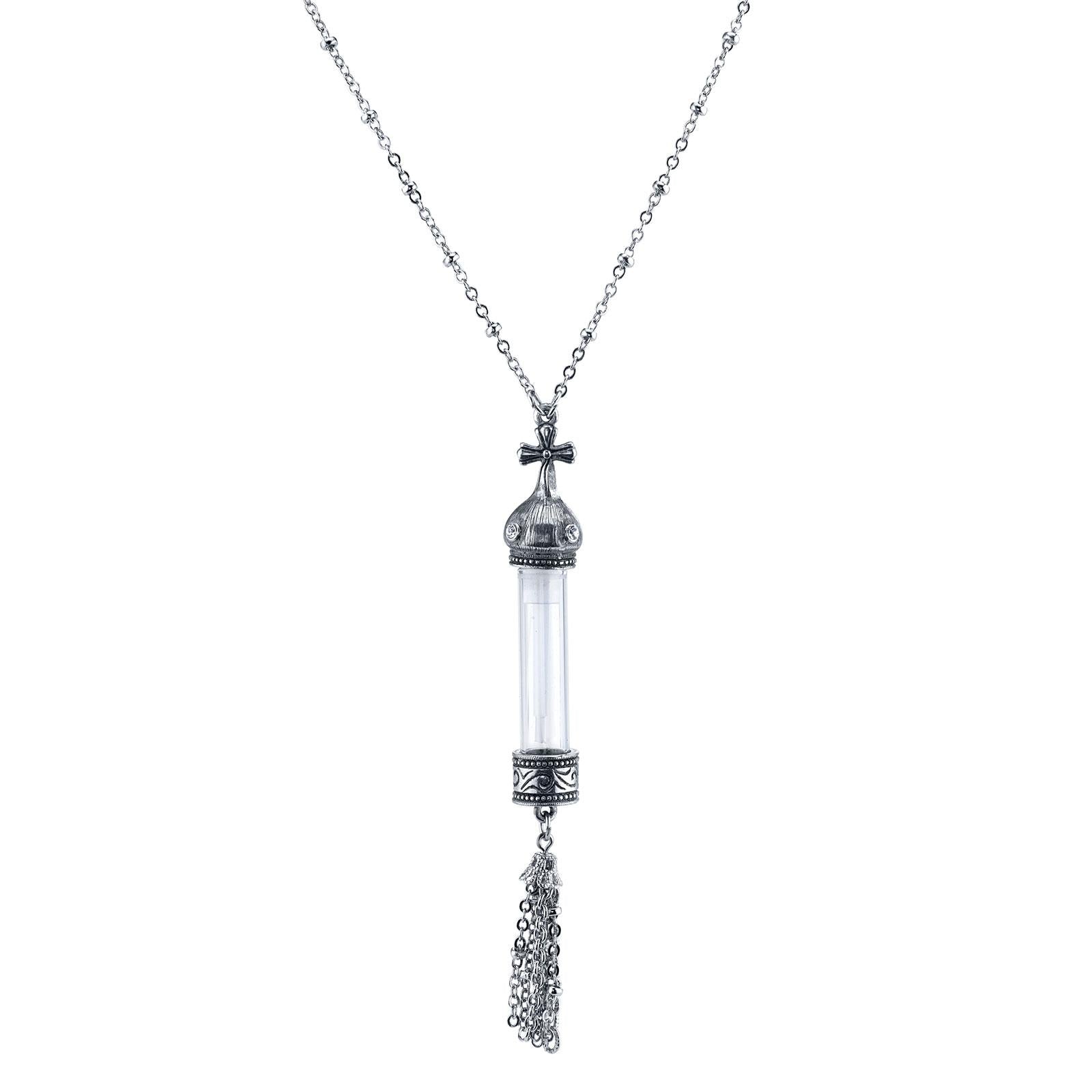 Antiqued Cross Necklace with Clear Crystal Glass Vial & Tassel - 1928 Jewelry Inspired Vintage Pendant (30