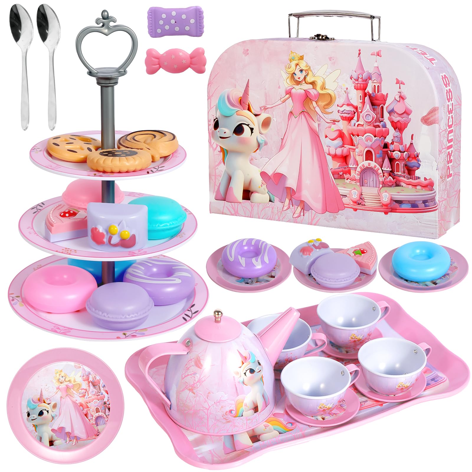 Unicorn Tea Party Set for Girls - Princess Tea Time Play Kitchen Toy with Tin Teapot, Desserts, Cookies, Donut & Cake Tray | Perfect Birthday Gift for Kids Ages 3-8 | Pretend Play, Tea Parties & Imaginative Fun