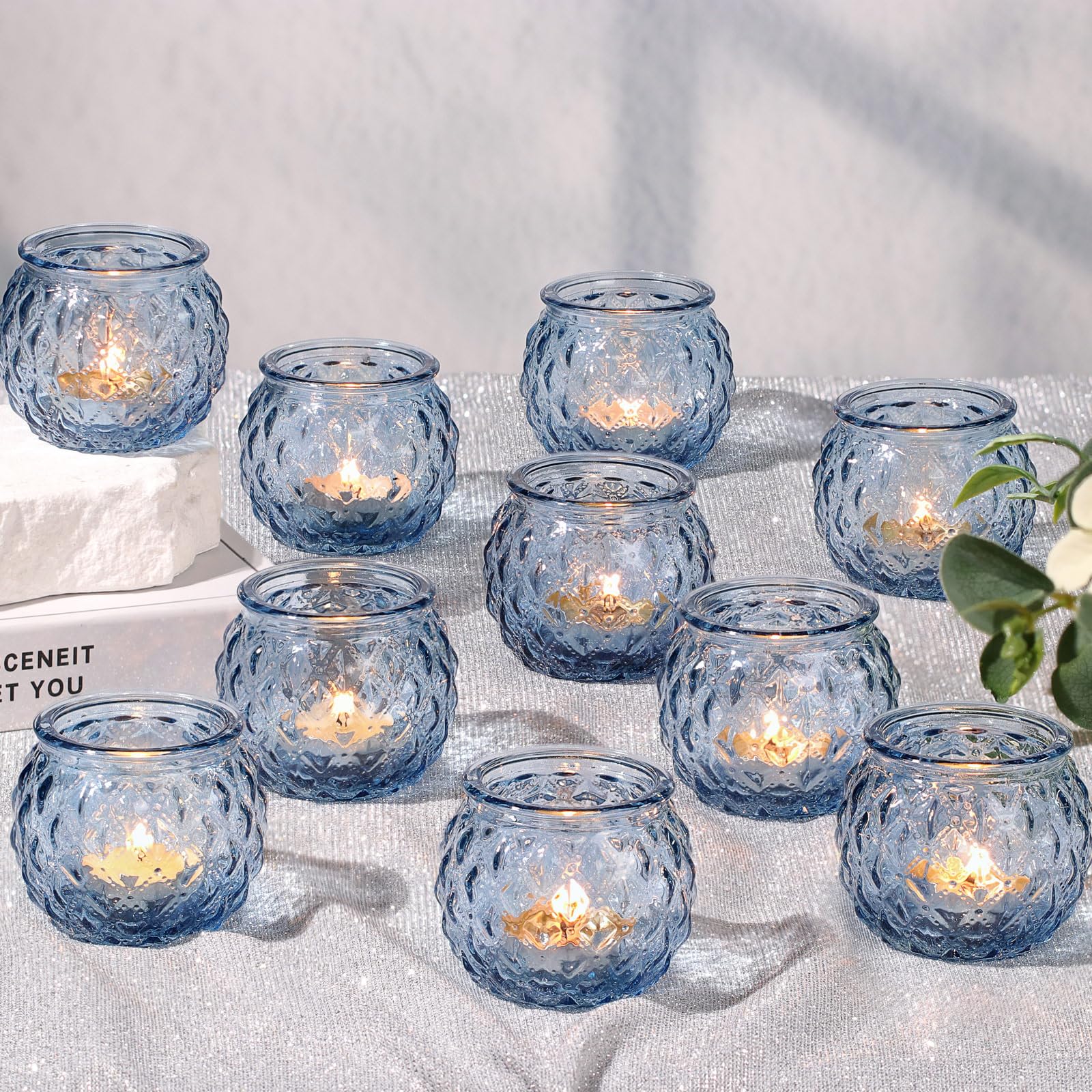 24-Pack Blue Glass Votive Candle Holders - Diamond Texture Round Tea Light Candle Containers for Wedding Centerpieces, Party Decor & Home Decoration | Perfect for Table Settings, Romantic Ambiance & Holiday Displays