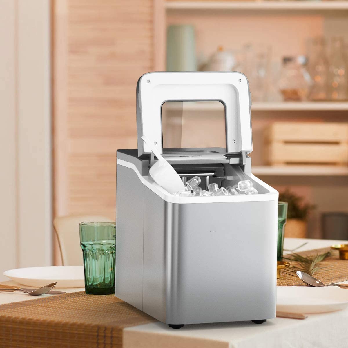 Posdutti Countertop Ice Maker Machine - 26Lbs/24H, 8-Minute Fast Ice Production, Bullet-Shaped Ice Cubes, Self-Cleaning, Includes Basket & Scoop - Perfect for Home, Office, Parties & Outdoor Activities (Silver)